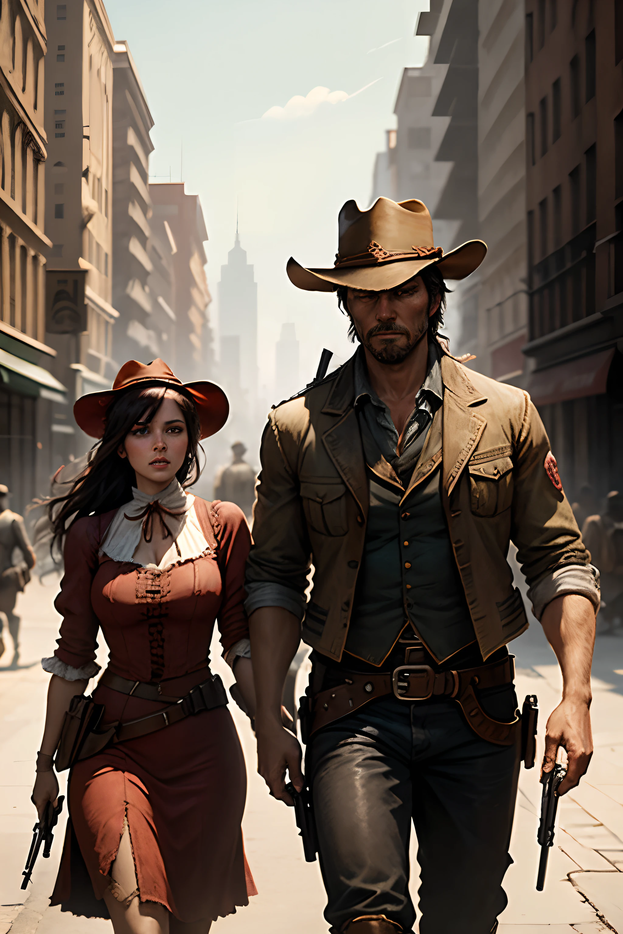 a red dead redemption style couple walking into a city with guns on their hands