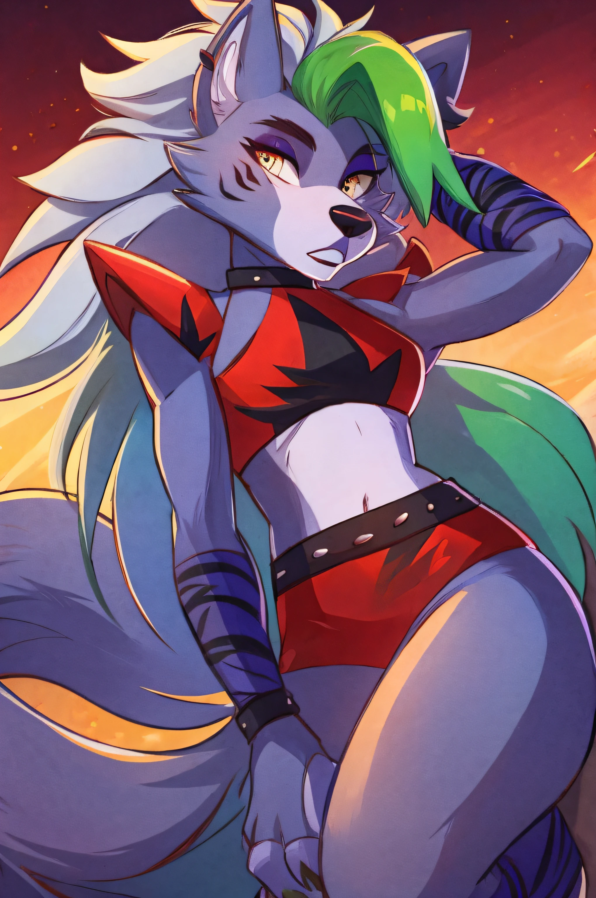 best quality, fnafroxanne, furry female, body fur, makeup, wolf ears, wolf tail, grey hair, green hair, yellow eyes, crop top,