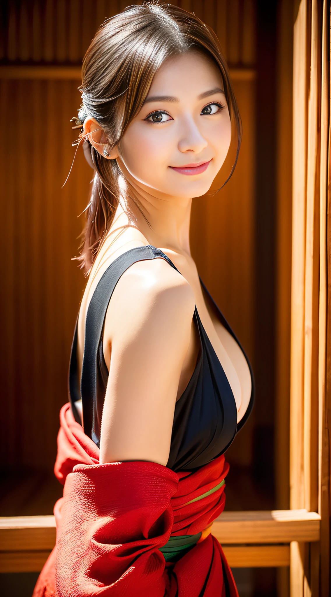(((32k,high detal,high-detail、masterpiece,Attention to detail,full body Esbian,独奏))),Raw photo & realistic atmosphere,beautiful dark blue eyes,Detailed mouth,Glossy lips,Detailed eyebrows,Eyes drawn in detail with soft white skin that shines with every detail、Very beautiful eyes with azure eyes,Detailed lips、Very beautiful face,Very well-formed face、Lifelike face,shiny beautiful lips,Beautiful eyebrows,Infinite reality, Realistic Young Gravure Idol,Very cute high school girl, , Young Sensual Gravure Idol, Young Gravure Idol, extremely beautiful and cute17-year-old beautiful girl with pointed Japan samurai,with a flushed face,Incredibly beautiful and classy17 year old beautiful girl,natural soft light,(Black shiny hair,,bare-legged,Samurai kimono and black hakama,Beautiful kind eyes:1.5),(youthfulness,knifes,Blatant breasts,Thighs protruding from hakama,Gentle smile,well-shaped breasts,,Immature body,Japan samurai kimono,Japanese style berry shorthair,Hang your hair high and tie it into one,Beautiful posture,posterior view,facing back,no-makeup,woman samurai,woman swordsman,Influence of Shinsengumi,Looking into the distance,Japanese pattern haori,cleavage of the breast,Wrap a chimakiki on your head、no-bra:1.6)
