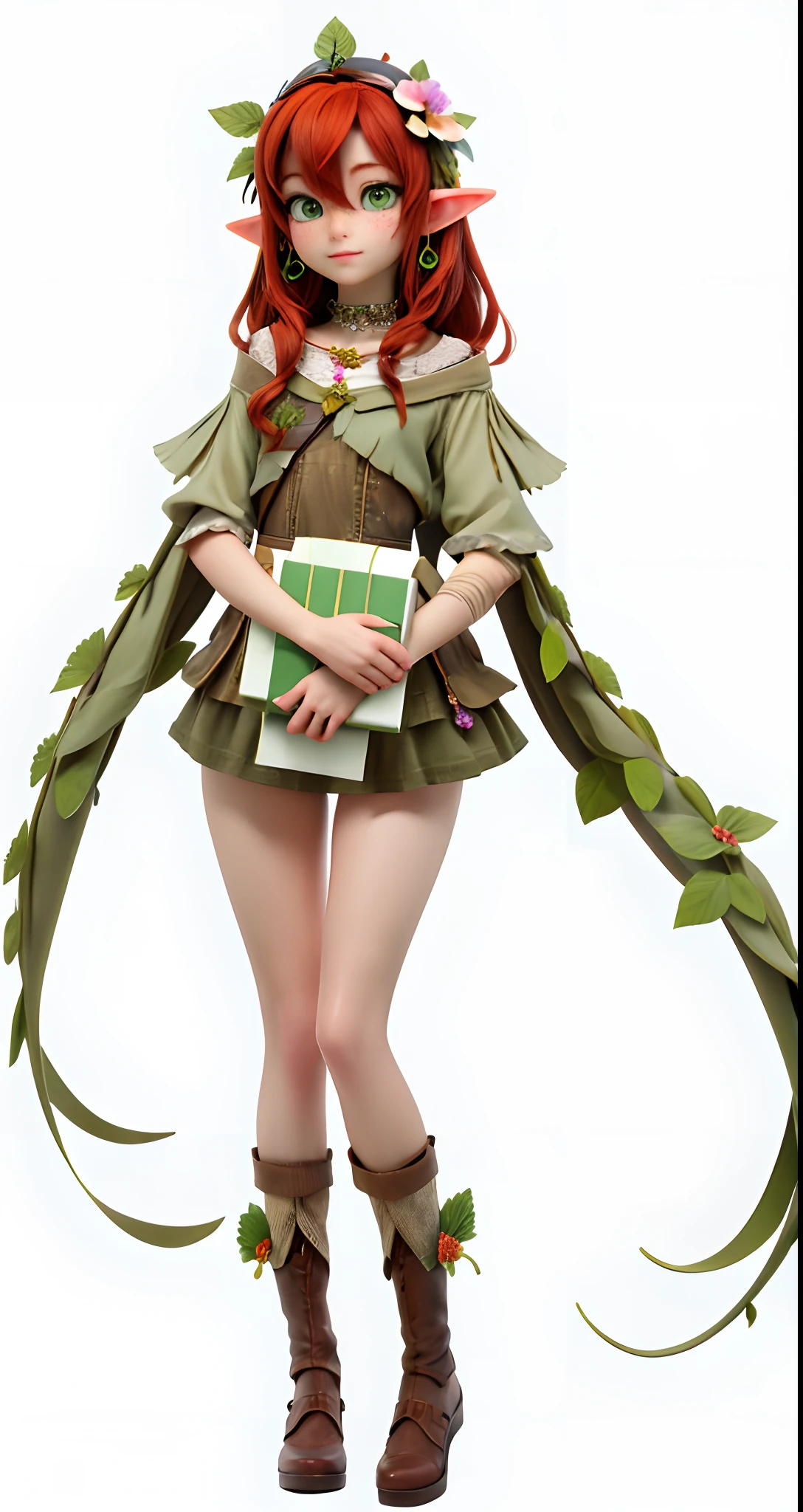 elf princess, flower, freckles, bangs, redhead, long hair, green eyes, hair between eyes, flower earrings, high resolution