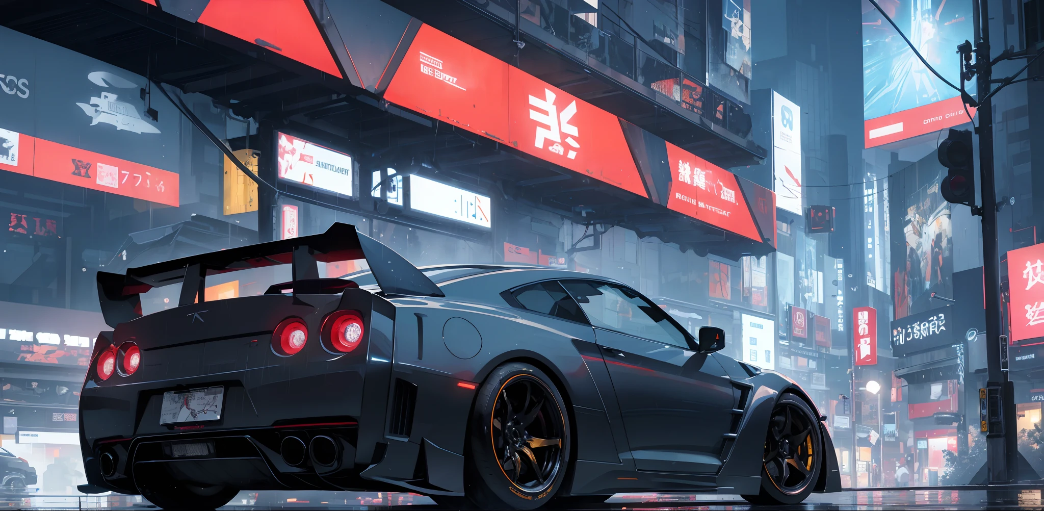 1 car, GTR r35, City street, futuristic, cyber, cyberpunk, night, rain, beautiful lighting, colorful lighting, super detailed, wallpaper, 8k quality, masterpiece