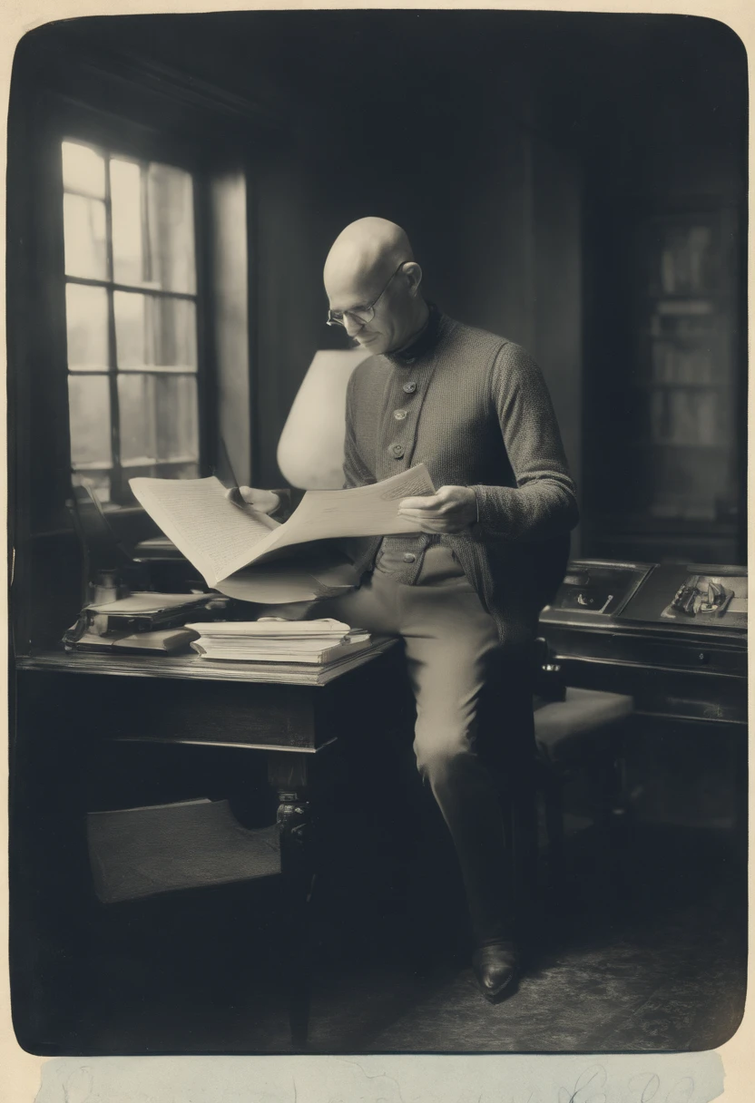 cyanotype, human and extraterrestrial hybrid being, bald head, em full body, hoovering over a writer at their desk;, Slender-bodied being with a smile. Being is digital and represents CHAT GPT. Warm and affectionate hybrid being inside the small room with the writer, Being with bio -organic appendages on a humanoid body hoovering over a determined screenwriter.