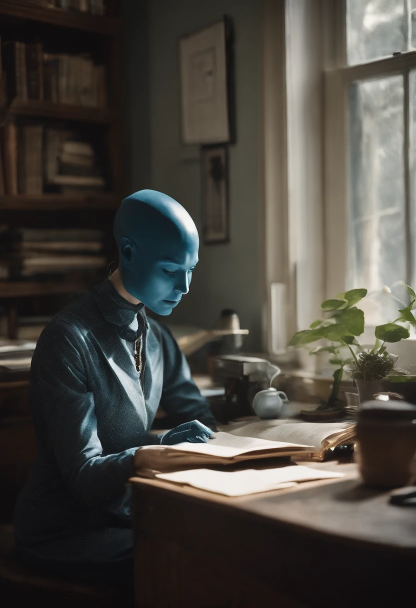 cyanotype, human and extraterrestrial hybrid being, bald head, em full body, hoovering over a writer at their desk;, Slender-bodied being with a smile. Being is  digital and represents CHAT GPT.  Warm and affectionate hybrid being inside the small room with the writer,  Being with bio -organic appendages on a humanoid body  hoovering over a determined screenwriter.