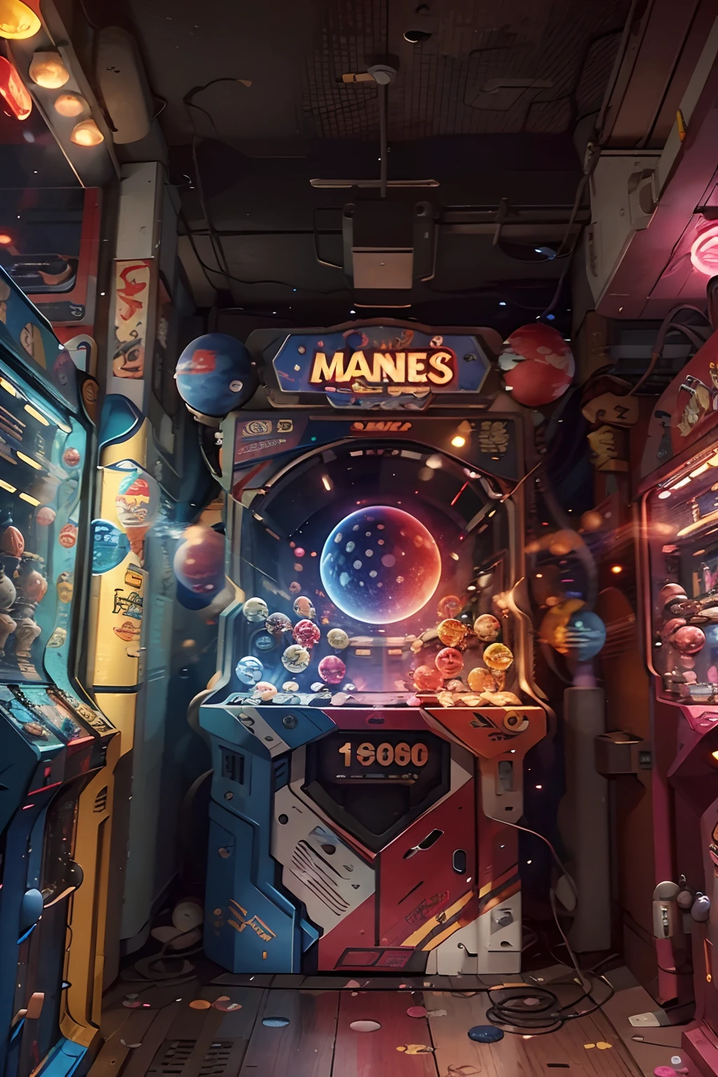 ((There's a claw machine with a bunch of planetary spheres inside in it)), ((front view)), Arcade game, ((the claw holds one of these planetary spheres)), Arcade machine, half octopus half machine, Arcade machines, vending machine, Vending machine, A busy arcade, Dunkey video games, Reddit post, broken vending machines, Instagram post, for AAA game, LEDS Horizon Zero Dawn machine, games, Vending machines, Arcade cabinet, 1990s arcade machine