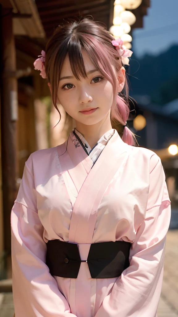 (realisitic、Photorealsitic:1.37)、unbelievable Ridiculous、(insanely detaileda:1.3)、8K、(​masterpiece)、(top-quality:1.4)、(超A high resolution:1.2)、(Raw photography:1.2)、Ultra detailed backgrounds、(Unity 8k壁纸)、1 persons、utterly cute、a beauty girl、(18year old:1.4)、(Gothic Lolita Yukata)、an exquisitely detailed and beautiful face and eyes and skin、detailed pink hair、small tits、Delicate yukata、 Soft cloth、Smile at the camera、cowboy  shot、Kyoto at night、profetional lighting、Medium hair with pink hair, (Pink hair), Ear Hair, small tits, Single braid, (Single braid), (Side braid)