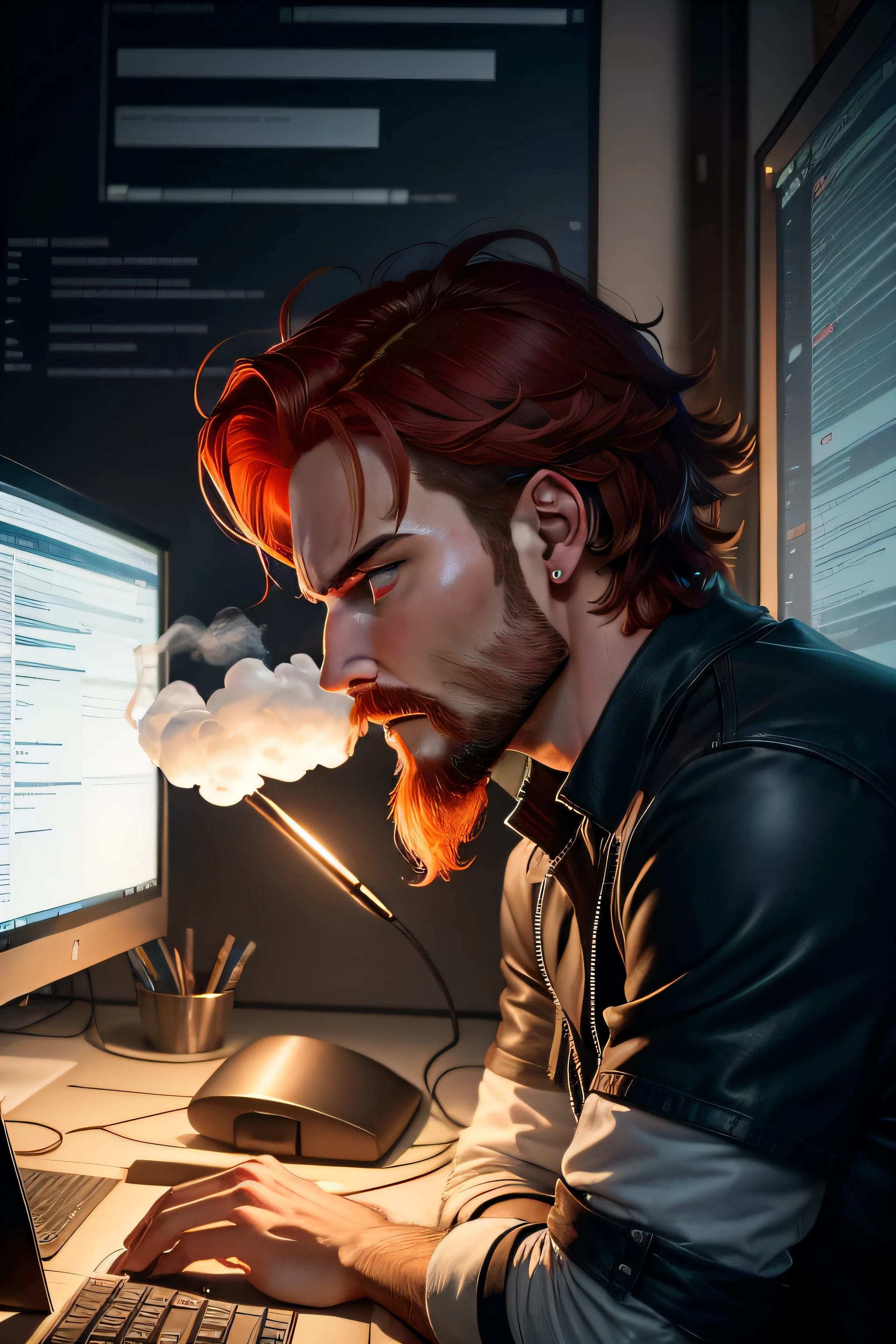 A programmer in front of the pc, the photo must be from the side. The programmer writes code and has a tired and angry face, in the background there are many posters with hammers depicted. Smoke comes out of the programmer's ears. The programmer has red hair and even a little beard Gli esce il fumo dalle orecchie ed ha i poster di martelli dietro
