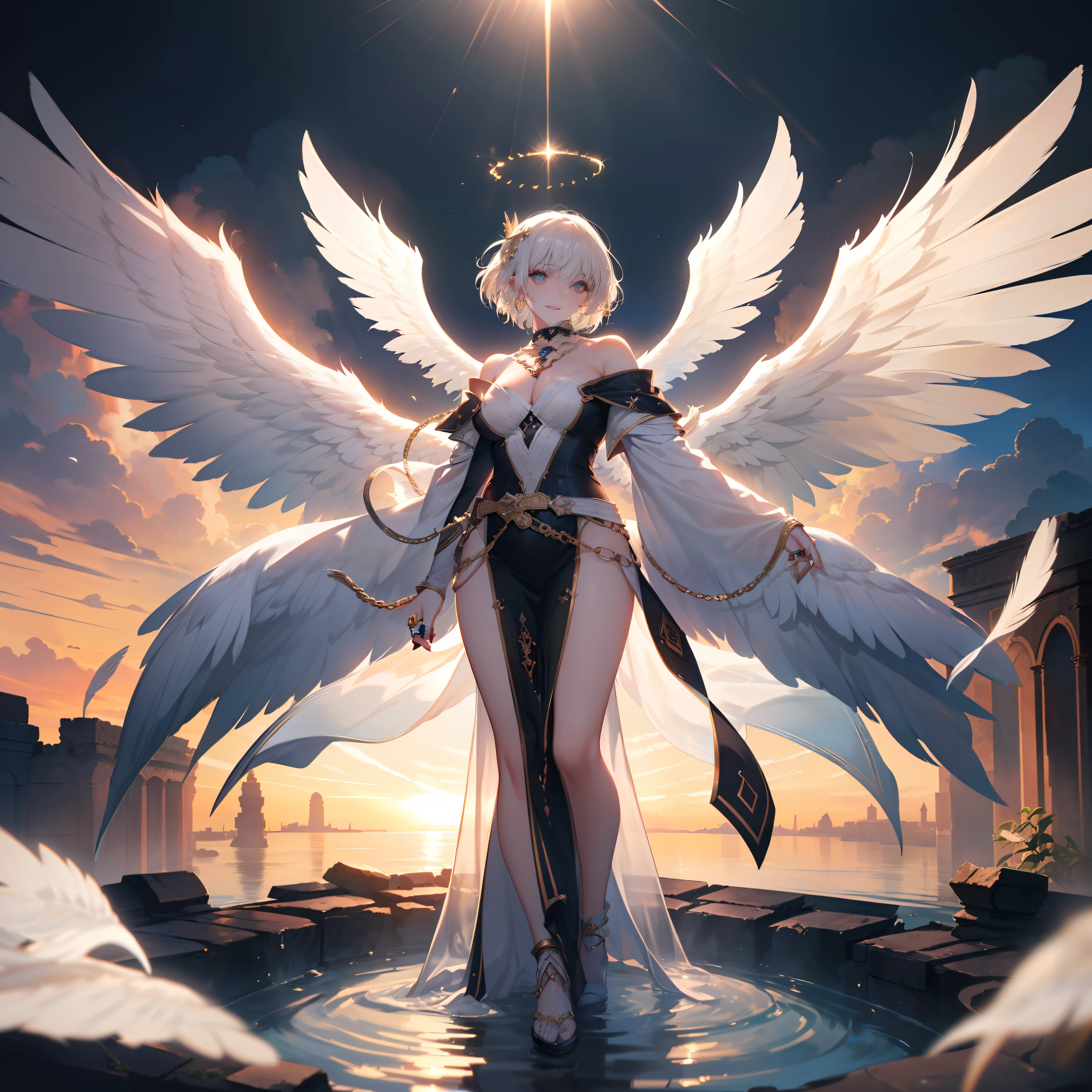 (number々Award-winning masterpieces of, with incredible detail, textures and maximum detail), (Hyper realistic:1.4), (Realistic:1.3), (Top quality real texture skins), (fine perfectly symmetrical eyes), finerly detailed face, (Ring of divine radiance above the head:1.5), ((medieval world)), ((((black angel of the Lord, white angel of the Lord)))), (Beautiful kind eyes), (She has a mischievous smile on her face), (Beautiful colored eyes full of compassion), (Angels dancing in the background), (Dramatic light), (A majestic sight), (Her expression is serene full of tenderness and very beautiful), ((Large wings with pure white feathers behind the shoulders)), (((Folded wings))), Glass earrings on the ears, (((dramatic photography))), (Twilight), (Sunset), (Dusk), (Sacred Pose), ((dramatic pose)), (flamboyant photo), (Golden hair), (Silver hair), (Chestnut hair), short cut hair, ((full-length portrait)), ((looks up)), ((Looking down)), ((full-body standing image)), ((gives full-body standing image)), (Around her neck is a simple necklace of exquisite workmanship), Old ruins infested with plants, great temple, great cathedral, temple ruins, detached temple, Luminous magic circle, Ruins of an ancient castle, Deserted ruins, crumbling ruins, Ancient ruins with clear water, wavelets, flowingwater, Shining majestic cloud masses and sky, halo optical phenomenon, Holy Light, Epic Realistic, ((Neutral colors)), (nffsw:1.5), (Muted colors:1.2), Hyper Detailed, Cinematic, Warm lights, Dramatic light, (Intricate details:1.1), Complex background,