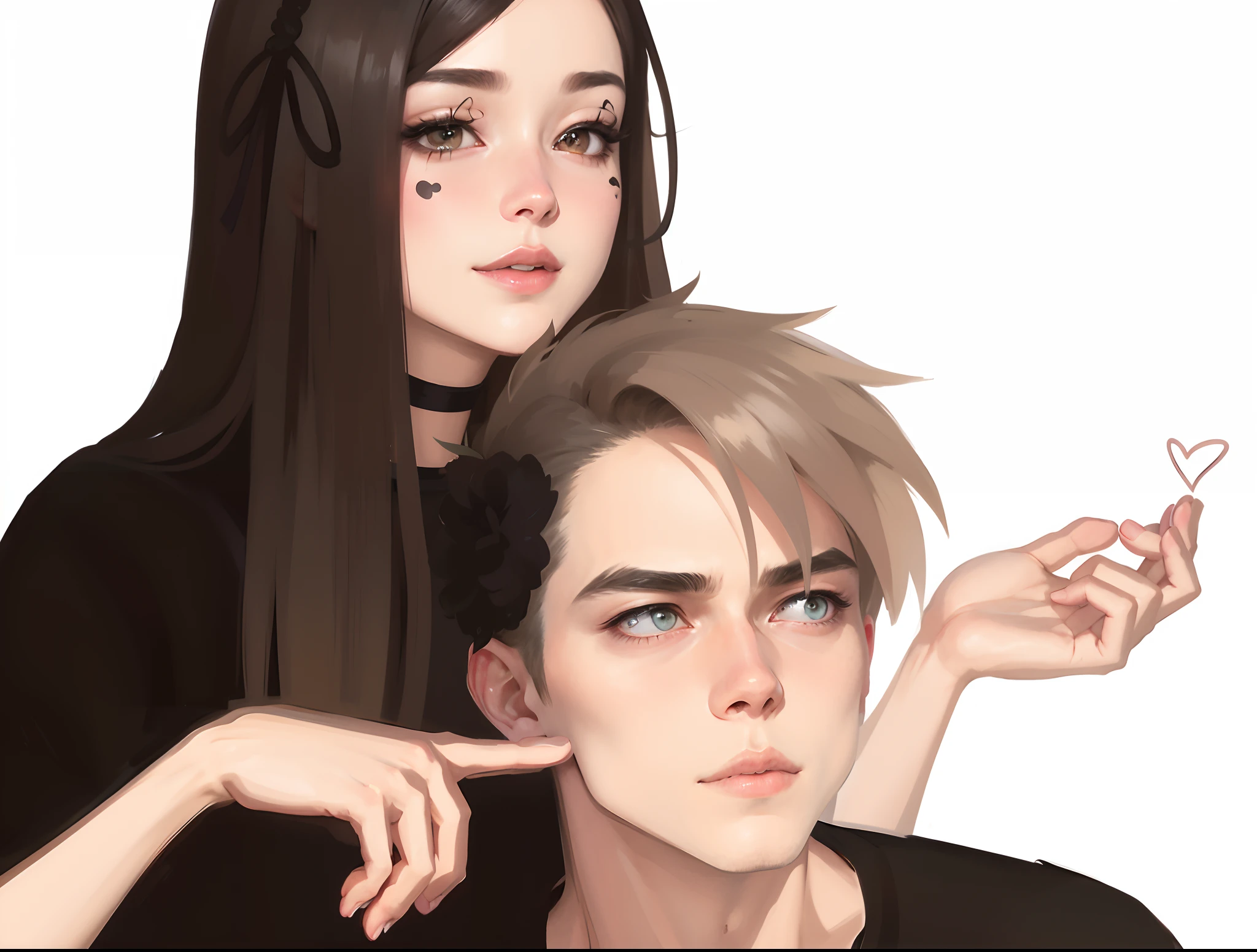 Create a book cover where the background is black, and in front of him are the half faces of two people, a girl with short straight black hair, white skin and black eyes and a slight purple bruise on the eyes, on the other one with curly hair, warm tanned skin, freckles and olive green eyes. The faces would be from the middle outwards , meeting by the ear