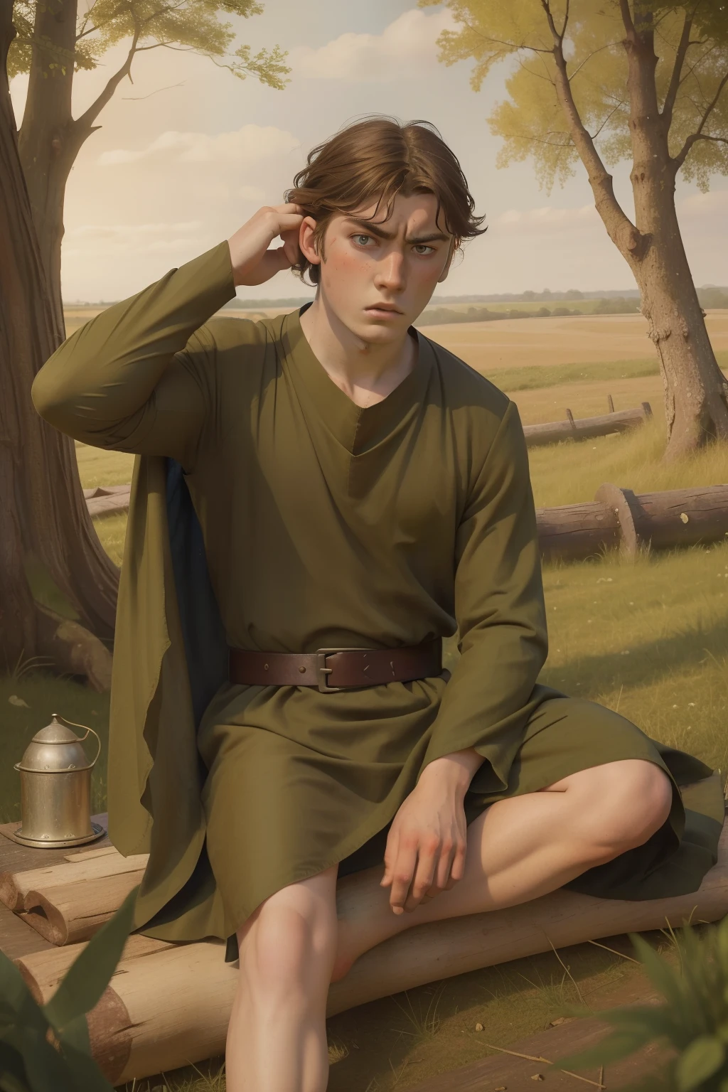 Year: 11th century. Location: Salisbury, England. Pre-raphaelite scene with a -yeld ensh boy, ((hangover)), hand on his head, ((broken bloody eyebrow)), ((angry)) ((sad)), sitting on a log, camp bonfire, ((((11th century plain dull tunic)))) ((11th century hairstyle)), (((cinematic style)))