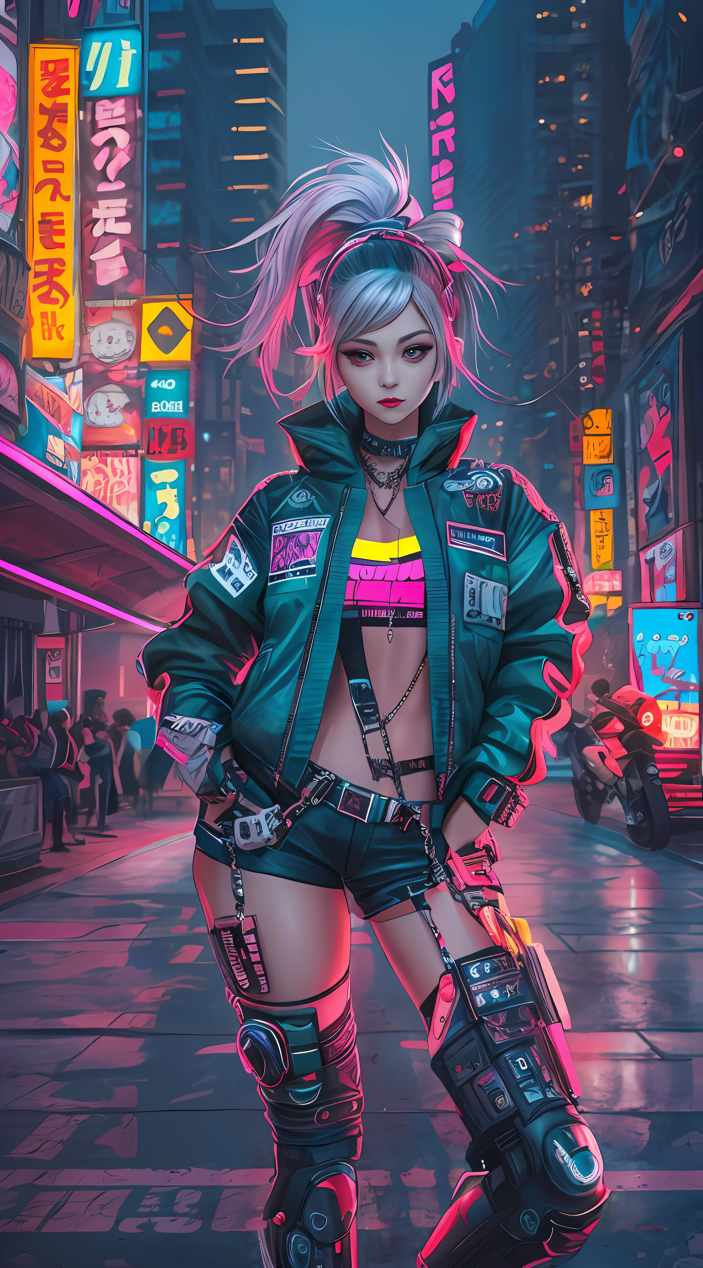 masterpiece, best quality, 1 cyberpunk girl, full body shot, standing in front of motorcycle, looking at viewer, Confident cyberpunk girl with sassy expression, Harajuku-inspired pop outfit, bold colors and patterns, eye-catching accessories, trendy and innovative hairstyle, vibrant makeup, Cyberpunk dazzling cityscape, skyscrapers, neon signs, LED lights, bright and vivid color scheme, anime, illustration, detailed skin texture, detailed cloth texture, beautiful detailed face, intricate details, ultra detailed.