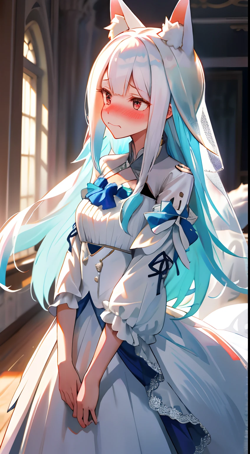 One girl with long hair and white blouse, white hair, looking away, embarrassed, blushing, indoor, wedding dress, bridal veil, fox ears, fox tail