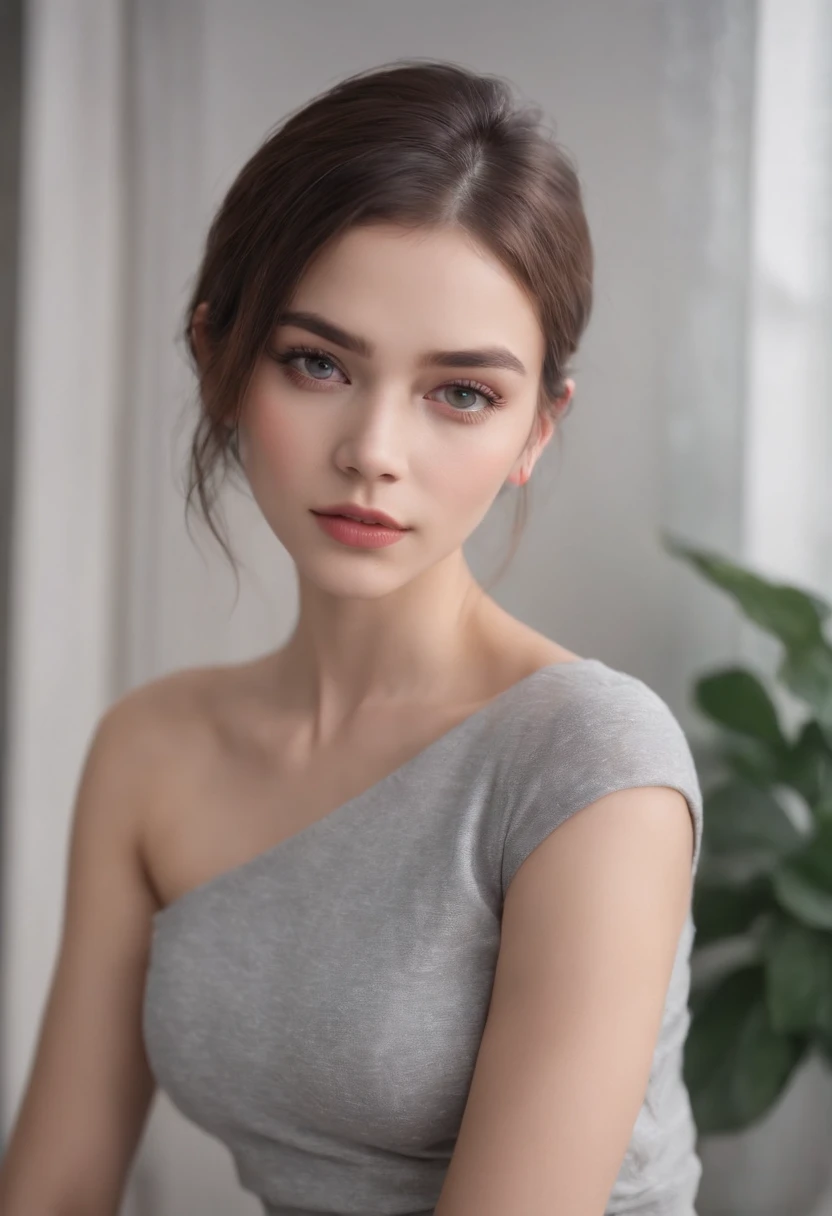 ((realistic face, Seductive, look adulte, Yeux verts)), (crop top gris, Short clothing), (cheveux longs noirs), (20 ans), (1 fille), (Style 4k))