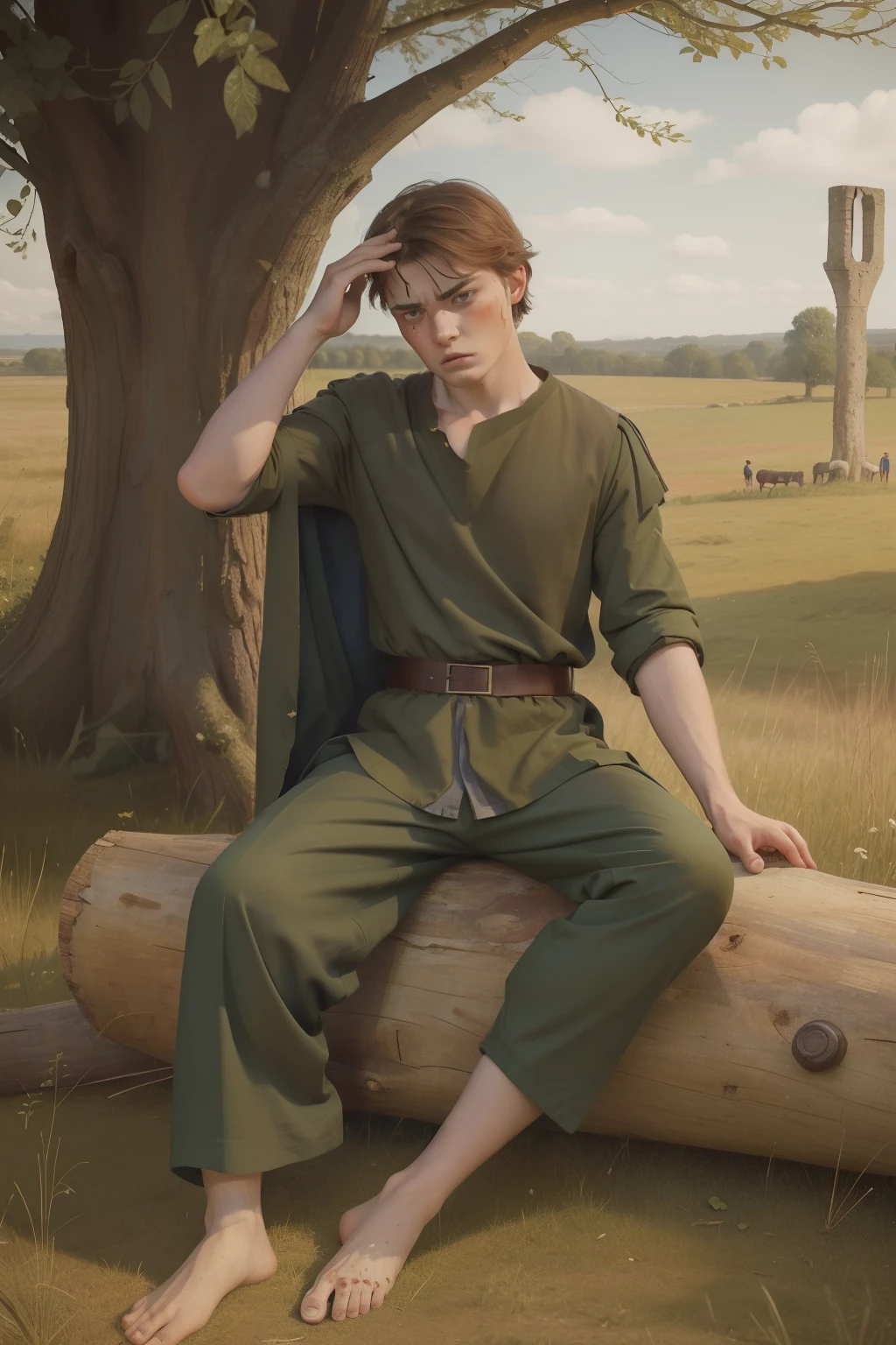Year: 11th century. Location: Salisbury, England. Pre-raphaelite scene with a 17-year-old english boy, ((hangover)), hand on his head, ((broken bloody eyebrow)), ((angry)) ((sad)), sitting on a log, camp bonfire, ((((11th century plain dull tunic and trousers)))) ((11th century hairstyle)), (((cinematic style)))