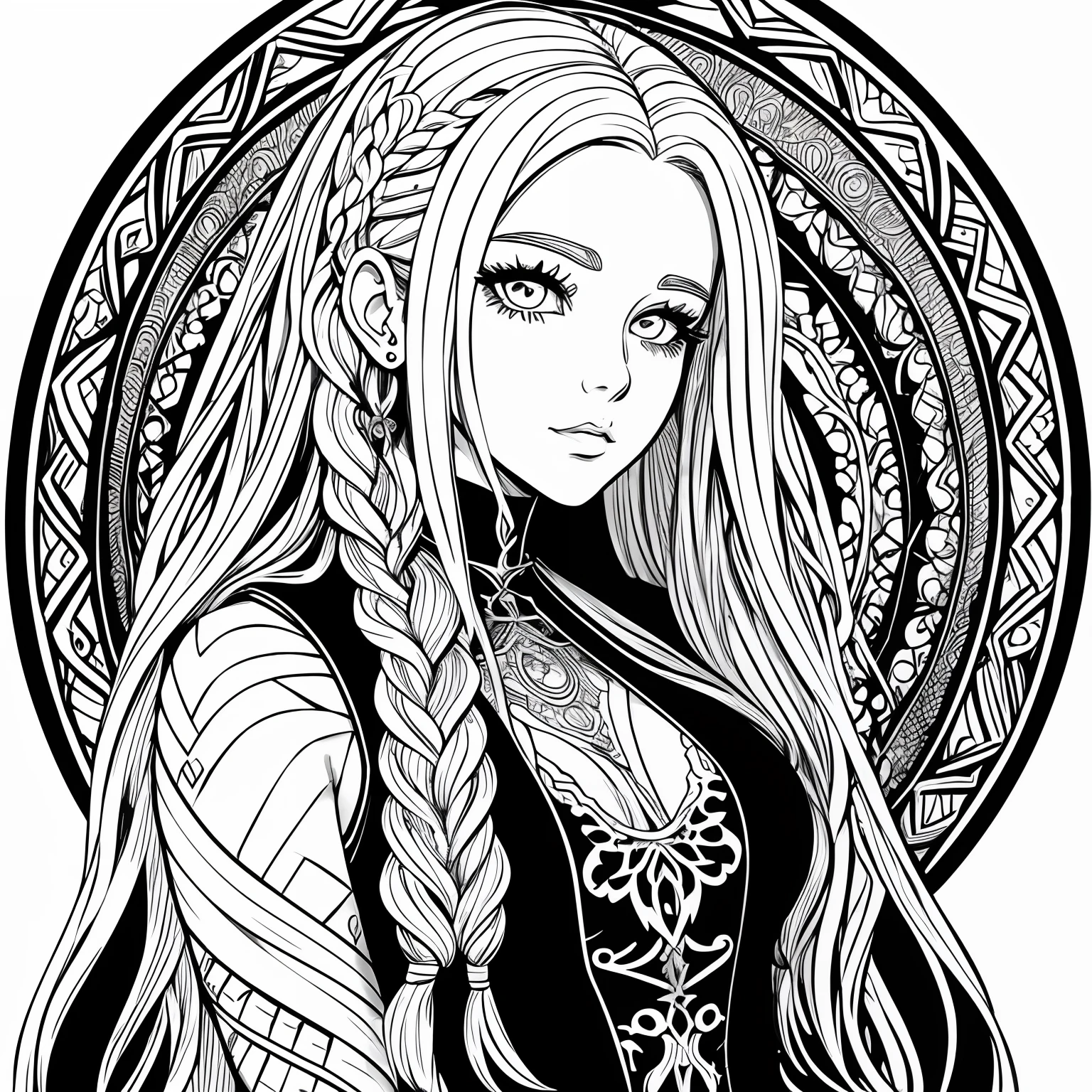 beautiful gothic female with hair dreadlocks, in the style of a coloring page, clean line art, clear line art, thick outline, white background, black and white, no color, coloring book page, coloring page, line art, clear details