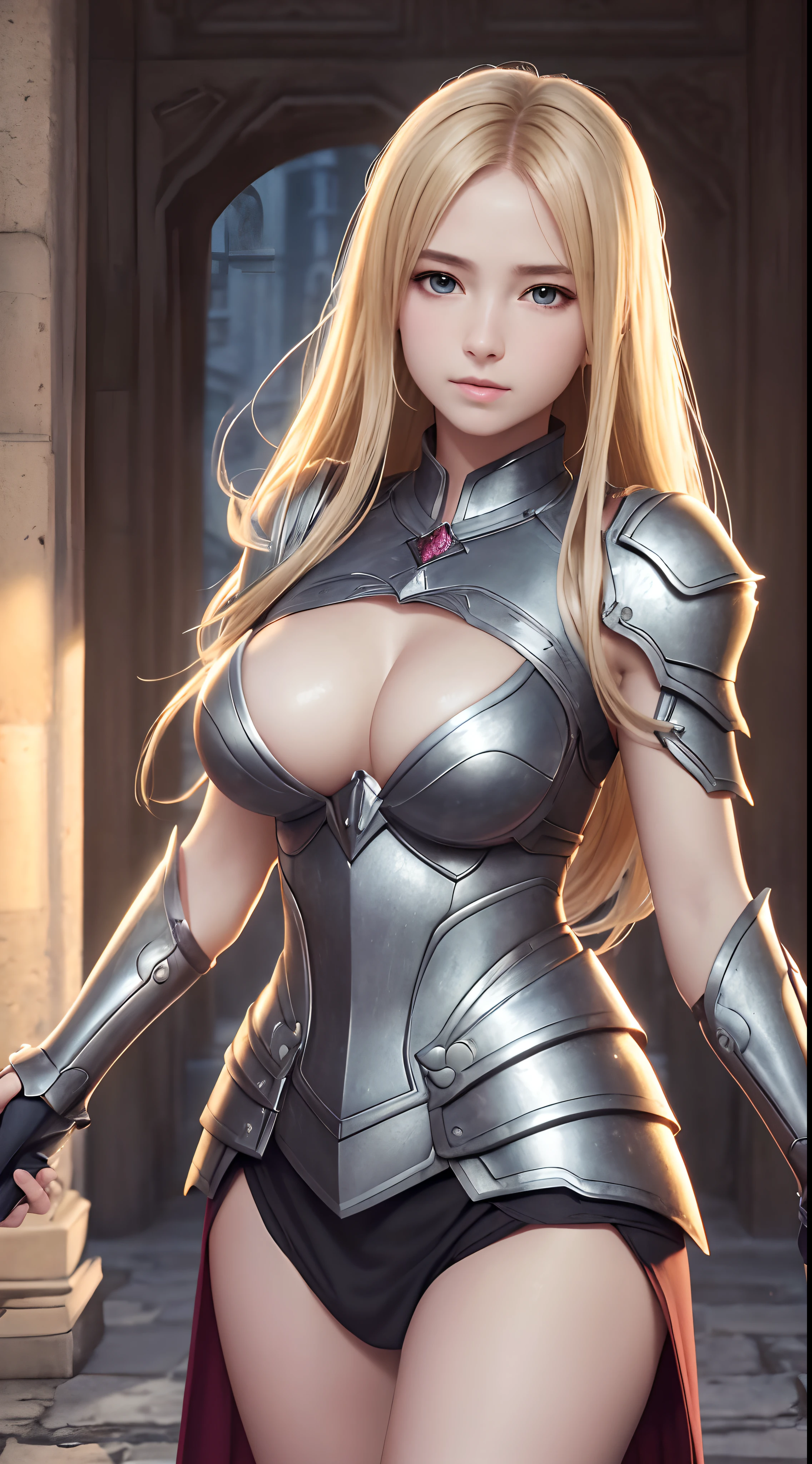 Realistic lighting, Top Quority, 8K resolution, (masterpiece: 1.3), (Clear focus: 1.2), 1 girl, delicate face, big double eyelids, Sensual expression, Perfect anatomy of the body, (perfect body: 1.6), (big chest 1.7), long blonde hair, (best breasts: 1.8), armor, long knife, magia, exterior, (date: 1.1), 1080p, hyper HD, texture, super detailed, best quality, high detail, highest quality.