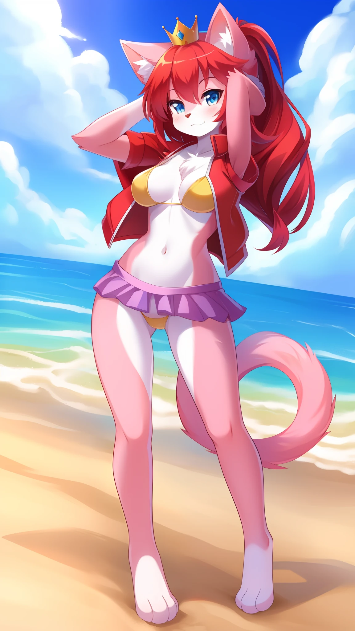 furry girl, cat, red hair, Knight bangs hairstyle, long wavy ponytail, anime style, medium breasts, blue eyes, red vest, open clothes, yellow bikini, purple skirt, princess crown, beach, clear sky, high quality, detailed body, detailed eyes, detailed face, masterpiece, glistening body, detailed body fur, best quality, sfw, two tone body, pink fur, clear pink fur, skinny, paws whit three toes, full body, :3, sassy face,