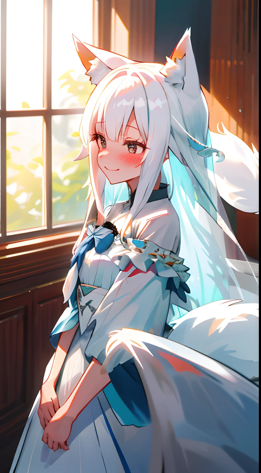 One girl with long hair and white blouse, white hair, looking away, embarrassed, blushing, smiling, indoor, wedding dress, bridal veil, fox ears, fox tail