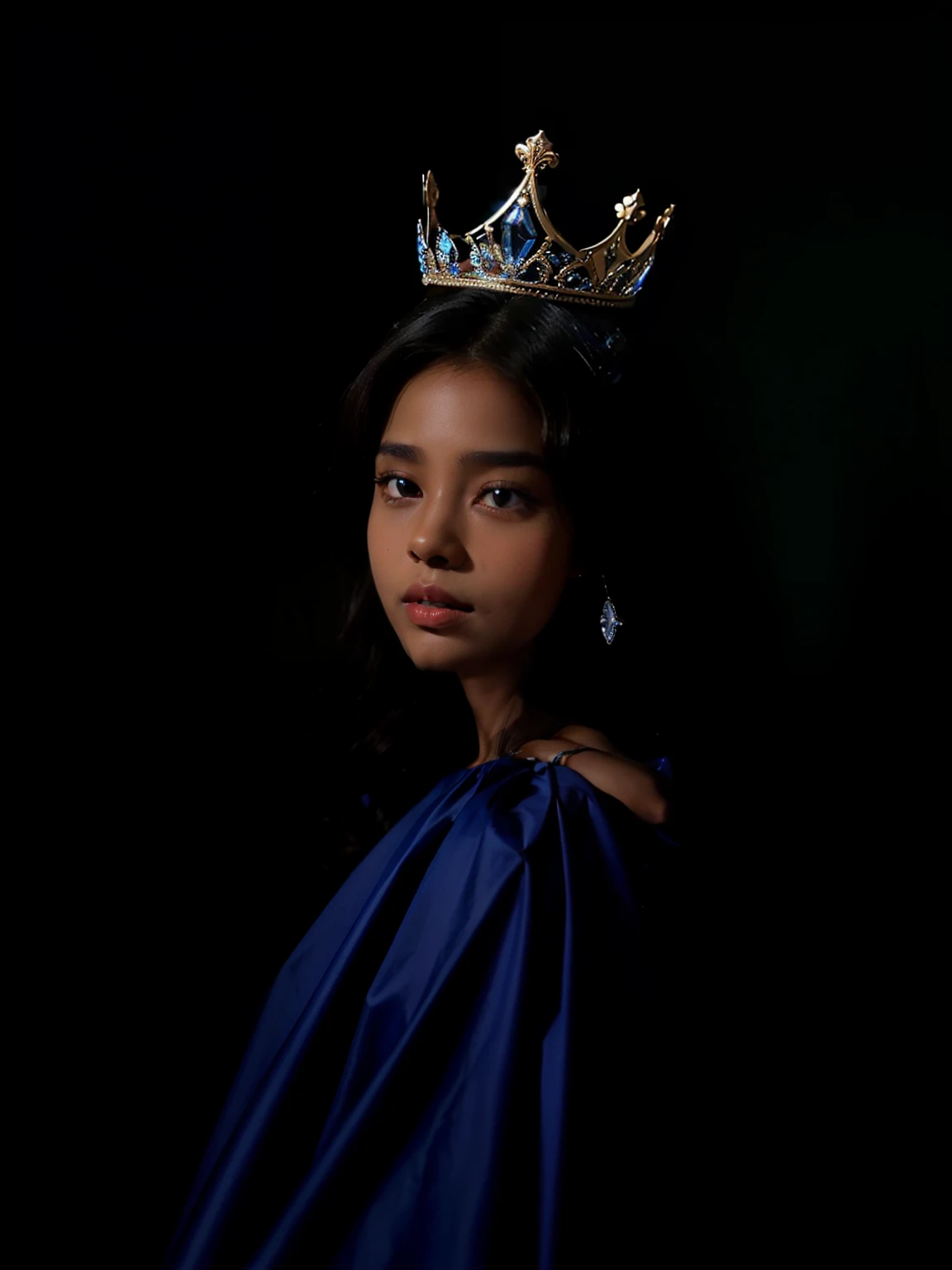 there is a brown skin black woman standing in a bathroom wearing a blue dress, blue tiara, crown and gown, beautiful queen, with a crown, with crown, 1 / 2 headshot, very very low quality picture, posing as a queen, she is about 1 , mid portrait, dressed as a queen, wearing tiara, captured on canon eos r 6