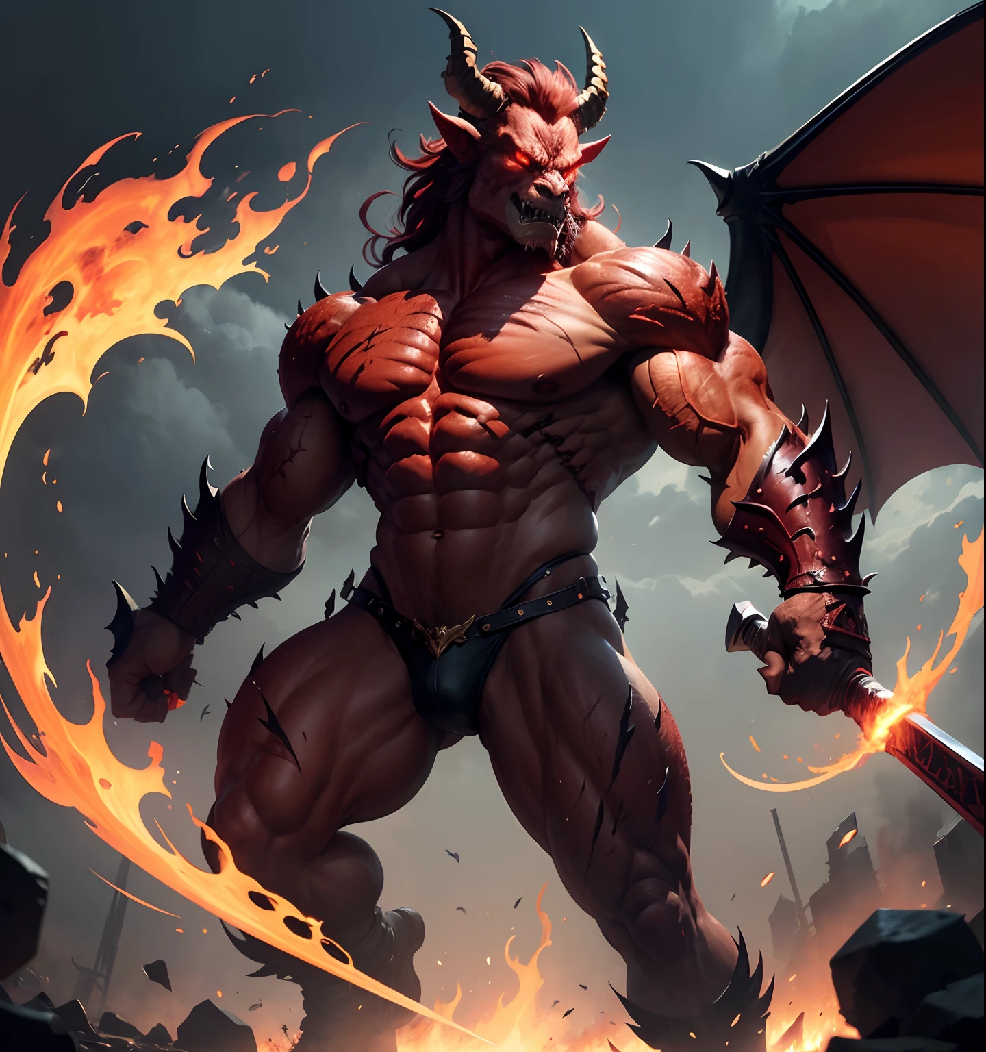 8k, masterpiece, best quality, realistic, higly detailed, cowboy shot, 1demo, solo, balo, fearsome and powerful, massive demon, 14 feet tall, 20 feet wingspan, imposing and towering figures, body covered in crimson, tough and resilient scaly skin, skin appears burned, marred with scars and war wounds, horned grotesque head, two large curved horns extend from forehead, sharp fangs, rows of razor-sharp teeth, fiery red glowing with malevolence eyes, large tattered wings extend from back, ragged and bat-like wings, long sinewy arms, clawed, three-fingered hands, wickedly sharp claws, muscular digitigrade legs, hooved feet powerful and agile stance, immense size, long barbed tail, wielding a mighty whip made of flames and a massive vorpal sword, radiate an aura of intense heat and flames