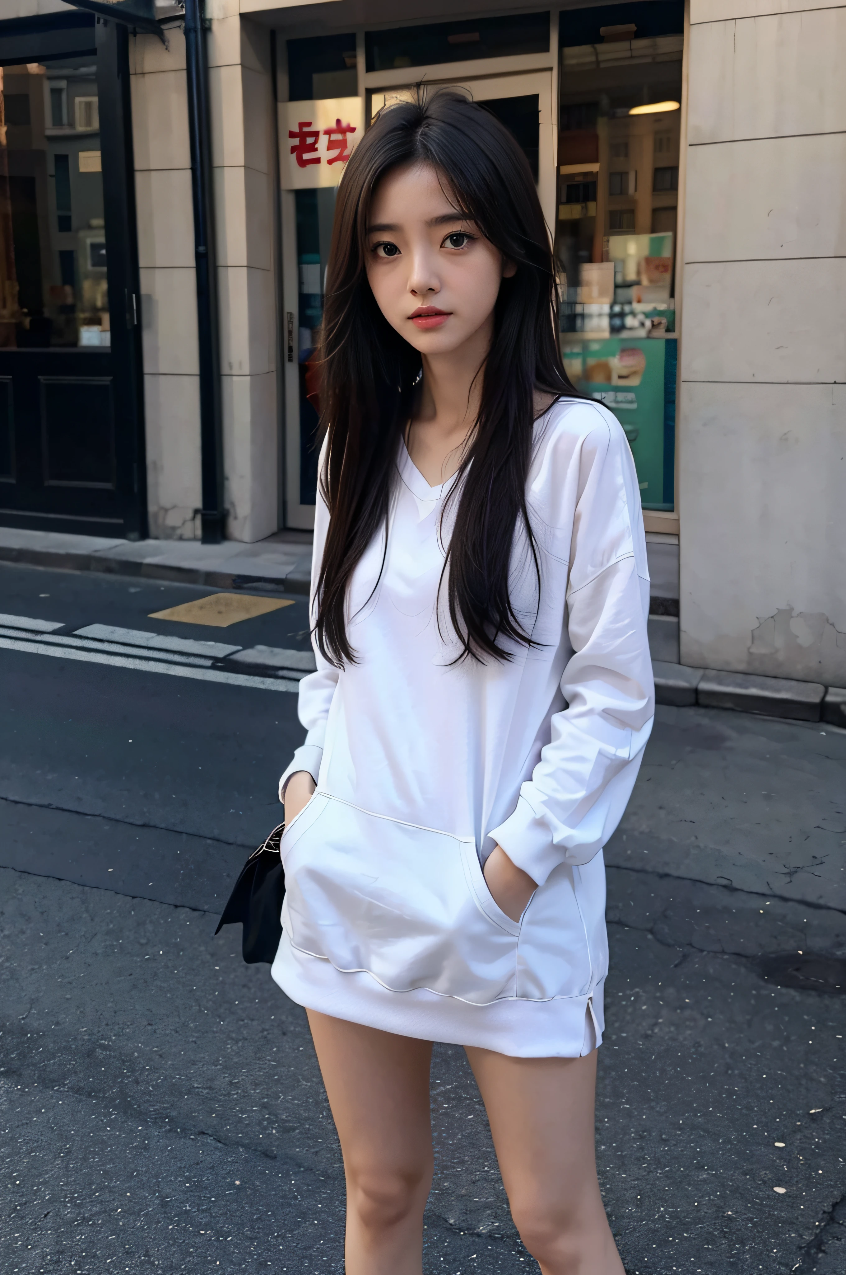 1girl in, Cute, 年轻, skinny, (3N1DS1NCL41R:0.9), photos realistic, Extreme Detail, street pic, {Best Quality}, {{masutepiece}}, {hight resolution}