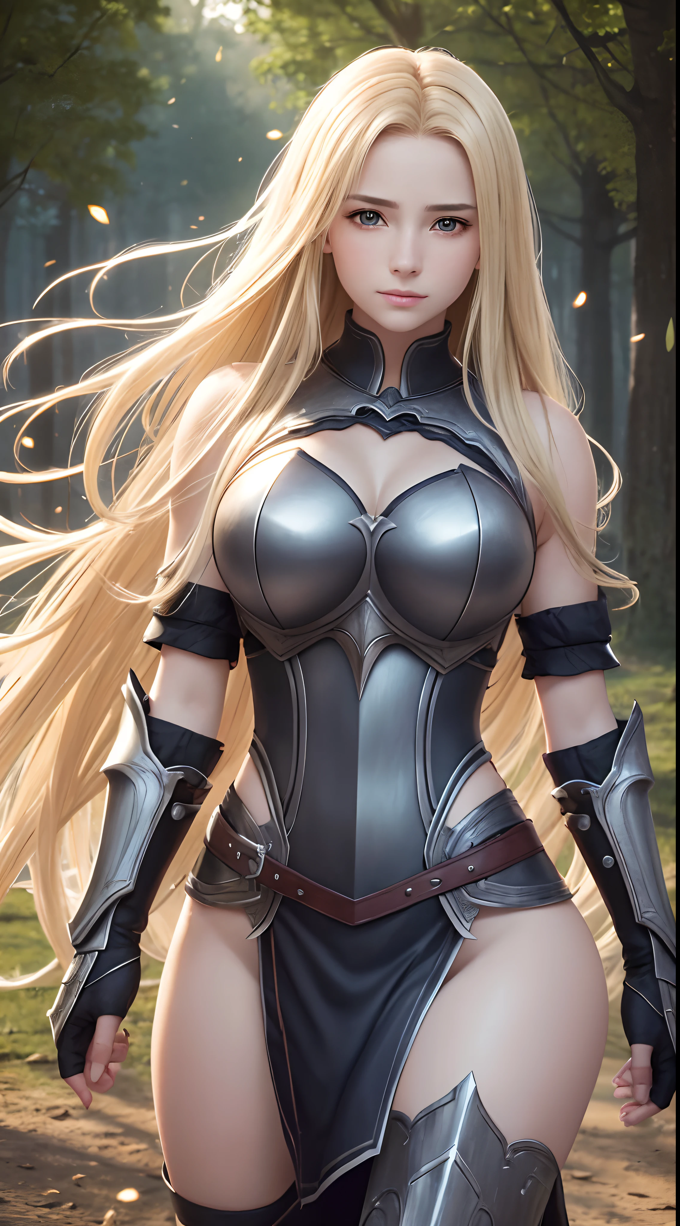 Realistic lighting, Top Quority, 8K resolution, (masterpiece: 1.3), (Clear focus: 1.2), 1 girl, delicate face, big double eyelids, Sensual expression, Perfect anatomy of the body, (perfect body: 1.6), (big chest 1.7), long blonde hair, (best breasts: 1.8), armor, long knife, magia, exterior, (date: 1.1), 1080p, hyper HD, texture, super detailed, best quality, high detail, highest quality.