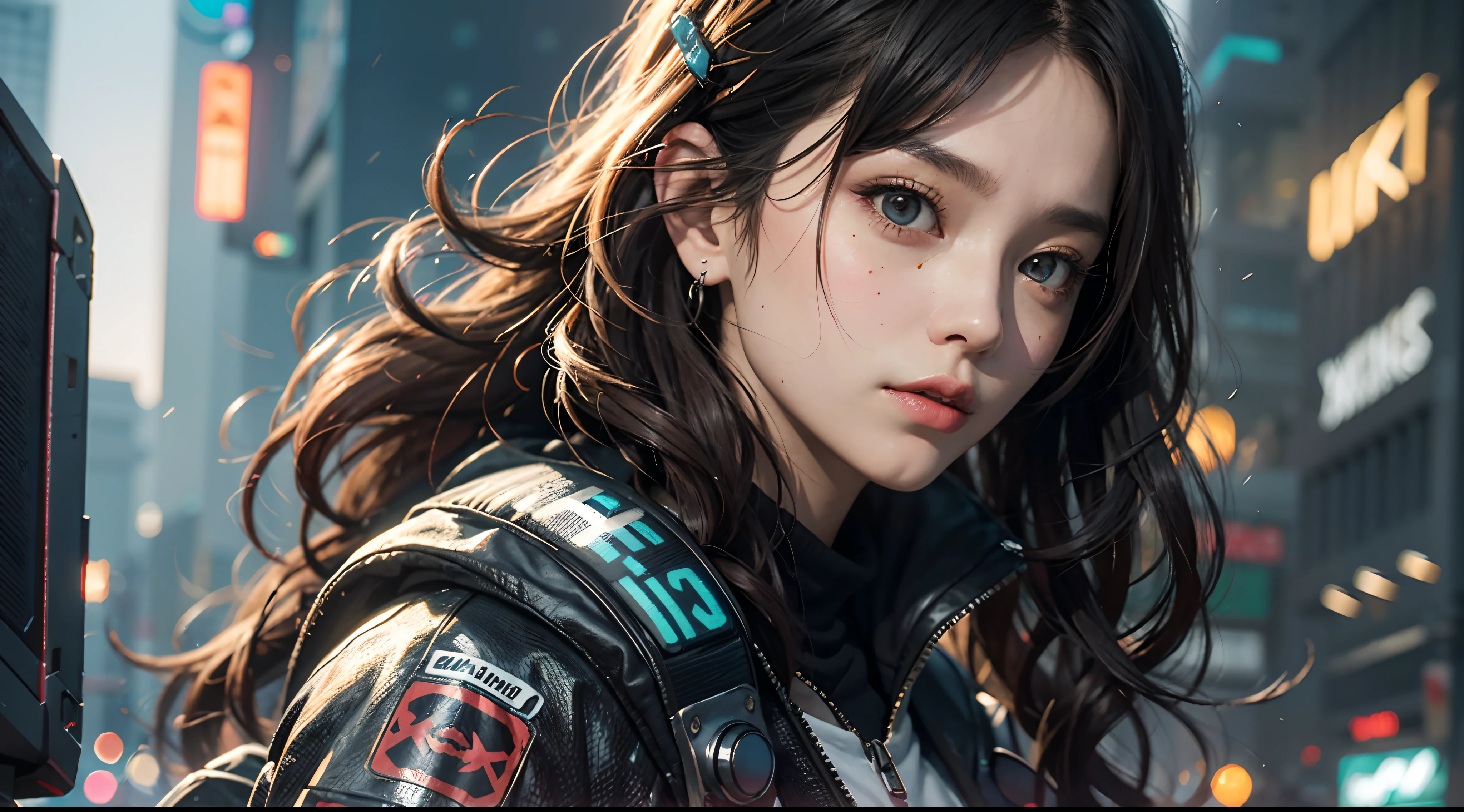 Beautiful hyper-realistic photo of a cute Asian cyberpunk girl, Bunte Cyberpunk-Kleidung tragen, cluttered Blade Runner background, Dynamische Pose, Konzeptzeichnung, von Brian Froud und Carne Griffiths und Wadim Kashin und John William Waterhouse, Komplizierte Details, 8K-Postproduktion, high resolution, Super detailliert, Auf ArtStation im Trend, Scharfer Fokus, Studio-Fotos, Komplizierte Details, Depth of field, f/2.8, Filmische Ausleuchtung, Dunkle Schatten.