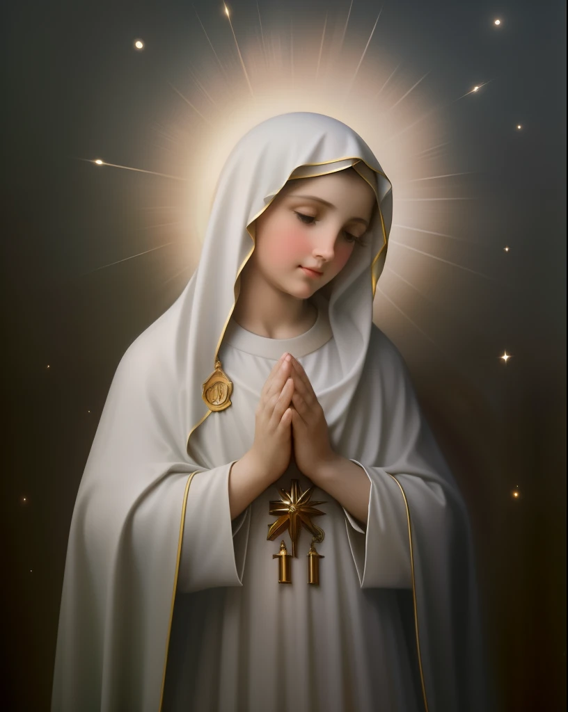 (((Blessed Virgin Mary of Mount Carmel))) Luminoso, en estilo similar al del artista WILLIAM ADOLPHE BOUGUEREAU, obra maestra, (La mejor calidad: 1.2), (super fine: 1.2), illustration, (extremadamente delicado y hermoso: 1.2), movie angle, flotante, (Hermoso ojo de detalle: 1.1), (detalle luz: 1.1), Movie Lights, Cielo delicado, ojos azules, (Cola de caballo alta: 1.1), capa, ojuelos, cielo estrellado, (light particles: 1.1) dibujo, flor. (obra maestra), (La mejor calidad), (fotorrealista:1.3), 8k, Textura detallada de la piel, Textura detallada de la tela, hermosa cara detallada, Detalles intrincados, ultra detallado (cuerpo de cuerpo entero:1.2)