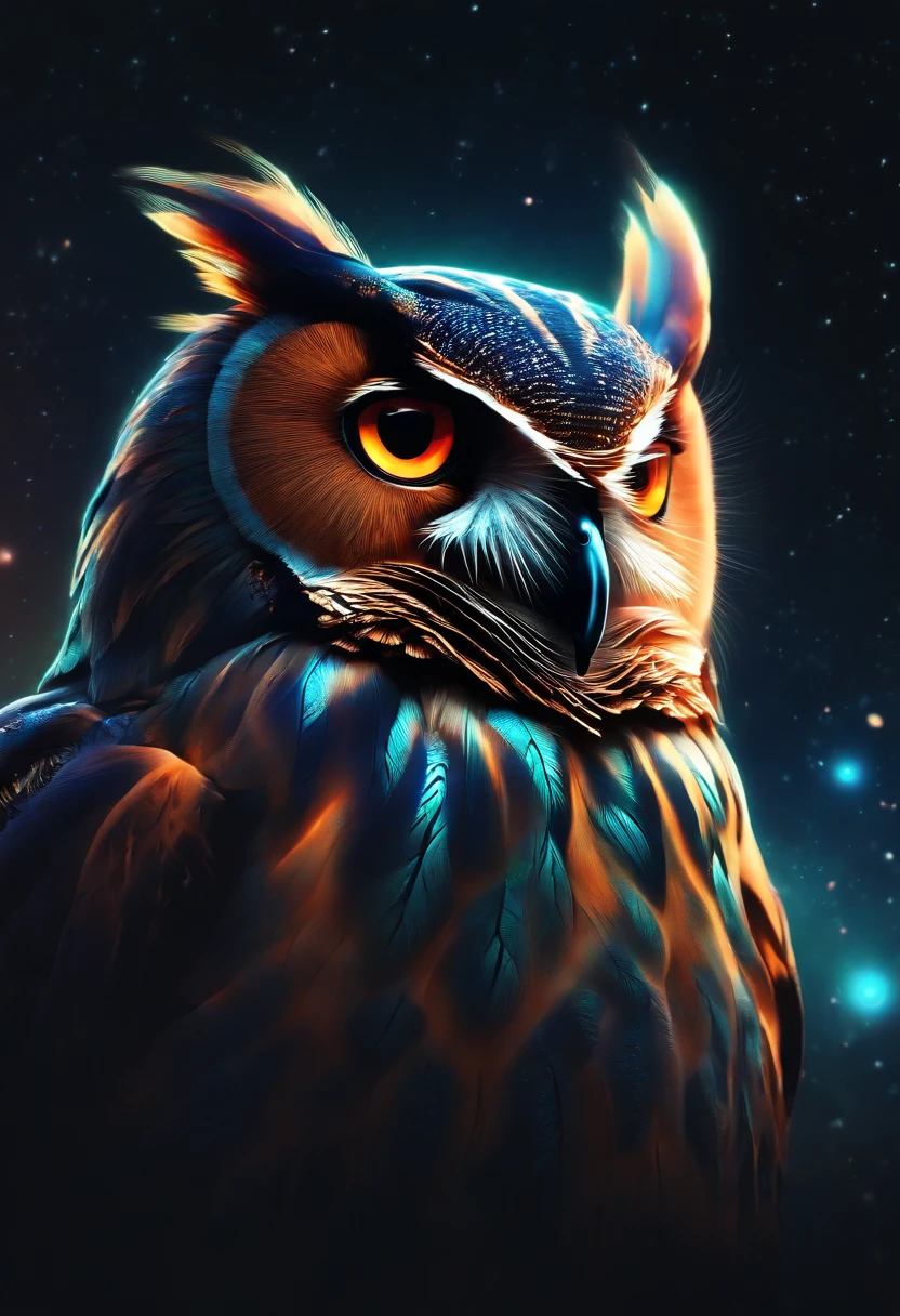 Cosmic Owl, Glowing light eyes, biomechanical, eldritch, Creepy, nightmarish, Very bright colors, light particles, with luminous light, Mshiff, Wallpaper Art, UHD wallpaper