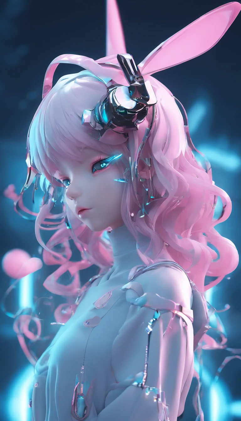A girl, Tiffany blue hair, short hair, Tiffany blue short hair, (head with metallic rabbit ears headband :1.5), whole body, (delicate features: 1.5) Wearing a dreamy surreal multi-layered dress, the color of the dress is Tiffni blue and pink gradient, surrounded by pink marshmallow like coral, with a few butterflies dancing on it, the overall environmental color is Tiffni blue, Surrealistic style, art photo, Tiffni Blue Dream