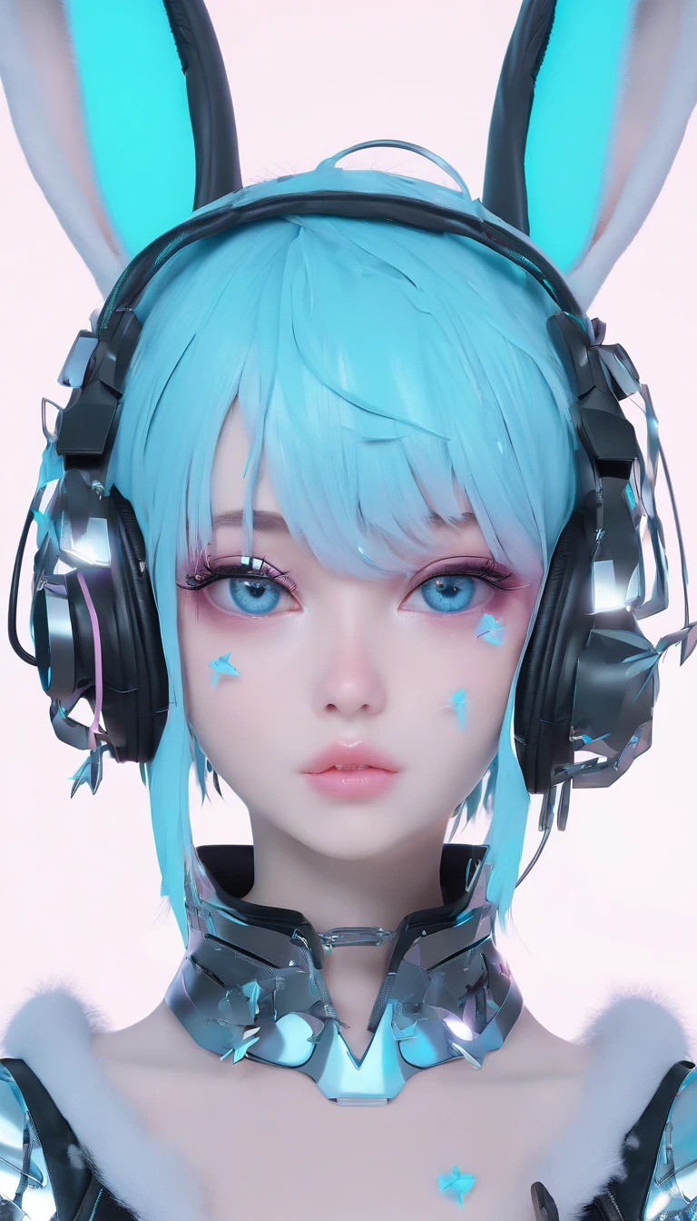 A girl, Tiffany blue hair, short hair, Tiffany blue short hair, (head with metallic rabbit ears headband :1.5), whole body, (delicate features: 1.5) Wearing a dreamy surreal multi-layered dress, the color of the dress is Tiffni blue and pink gradient, surrounded by pink marshmallow like coral, with a few butterflies dancing on it, the overall environmental color is Tiffni blue, Surrealistic style, art photo, Tiffni Blue Dream