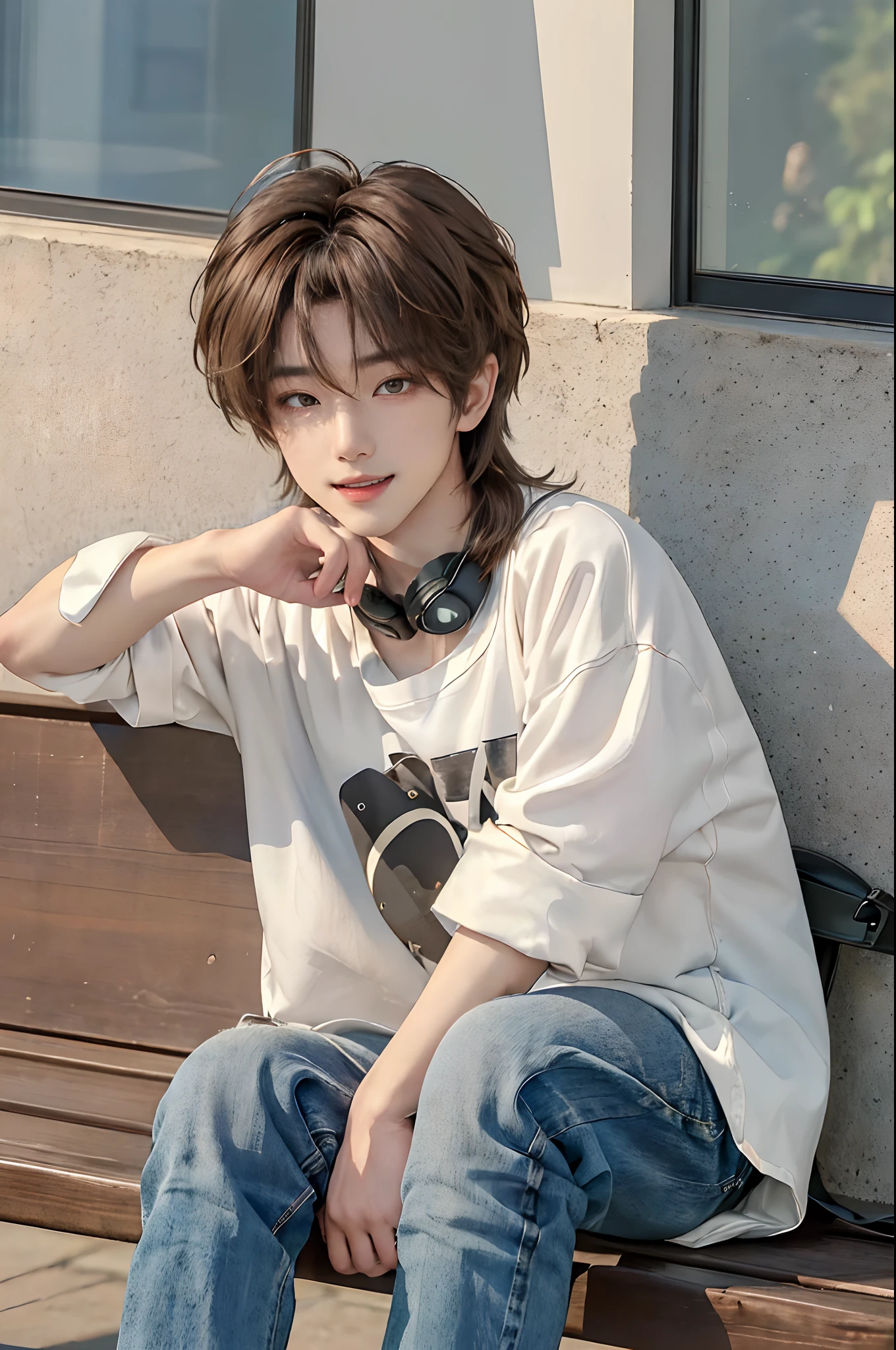 ((4K works))、masterpiece、(top-quality)、((high-level image quality))、((With one manly boy))、((One pretty girl))、Slim body、((Jeans Fashion))、((Men's Fashion))、((Holding a backpack and iPhone in hand))、(Detailed beautiful eyes)、In a fashionable city、Sitting on the curb and listening to music、Face similar to Chaewon in Ruseraphim、((short hair above the ears))、((Smaller face))、((Neutral face))、((Light brown eyes))、((With a Korean boy))、((Korean Girl))、((With an 18-year-old man))、((Elementary school girl))、((Handsome man))、((Teeth and smile expression))、((Korean Makeup))、((elongated and sharp eyes))、((photo of a model))、((Like a celebrity))、Professional Photos、((Shot by two))、((Sitting on the curb and listening to music through headphones))、((They sit in front of the viewer))、((Shot diagonally up from the front))、((Long-haired girl taking pictures with him))