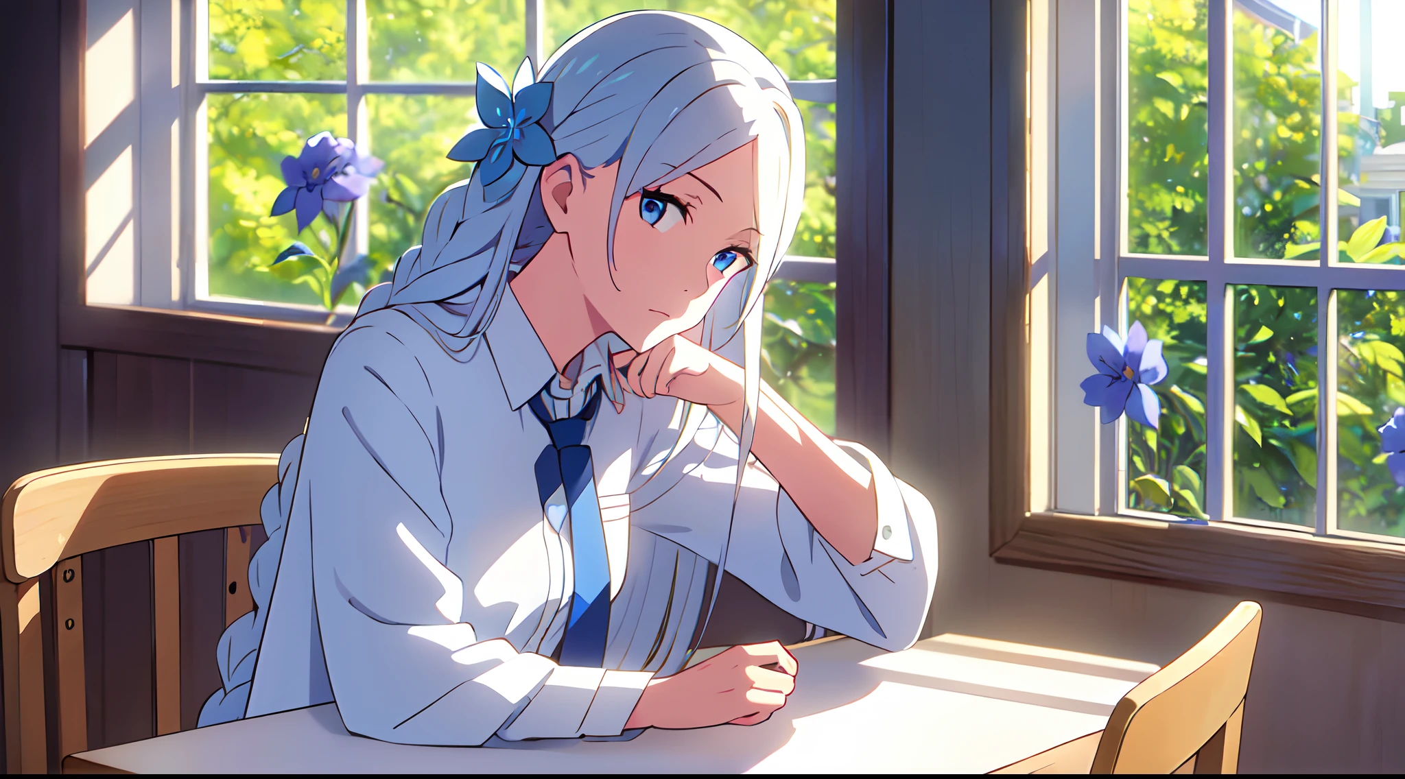 Masterpiece, best quality, (1girl), (solo), very long hair, white hair, blowing hair, (Blue flower hair ornament), (braided hair ornament), earrings, light blue eyes, white shirt, blue necktie, sit, look at viewer, hand on cheek, (evening scenery), (open window), (classroom), (close up)