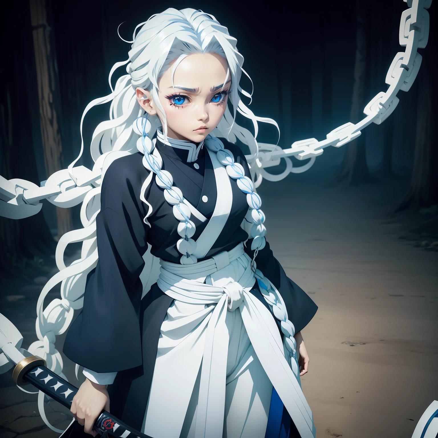 kimetsu no yaiba style, 1girl, tan dark black skin girl, blue eyes, white hair, extra very long curly hair, modified demon slayer uniform with slits along side the pants, white and blue kimono, white nails,chain sword katanas
