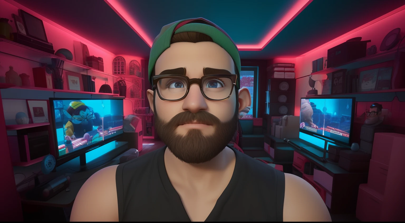 There's a young boy man with glasses, olhos pretos e barba em uma sala com muitos videogames, rosto feliz, Pixar-style animations, 3D-rendering, cor brigth, Animation Lighting, Super Real.