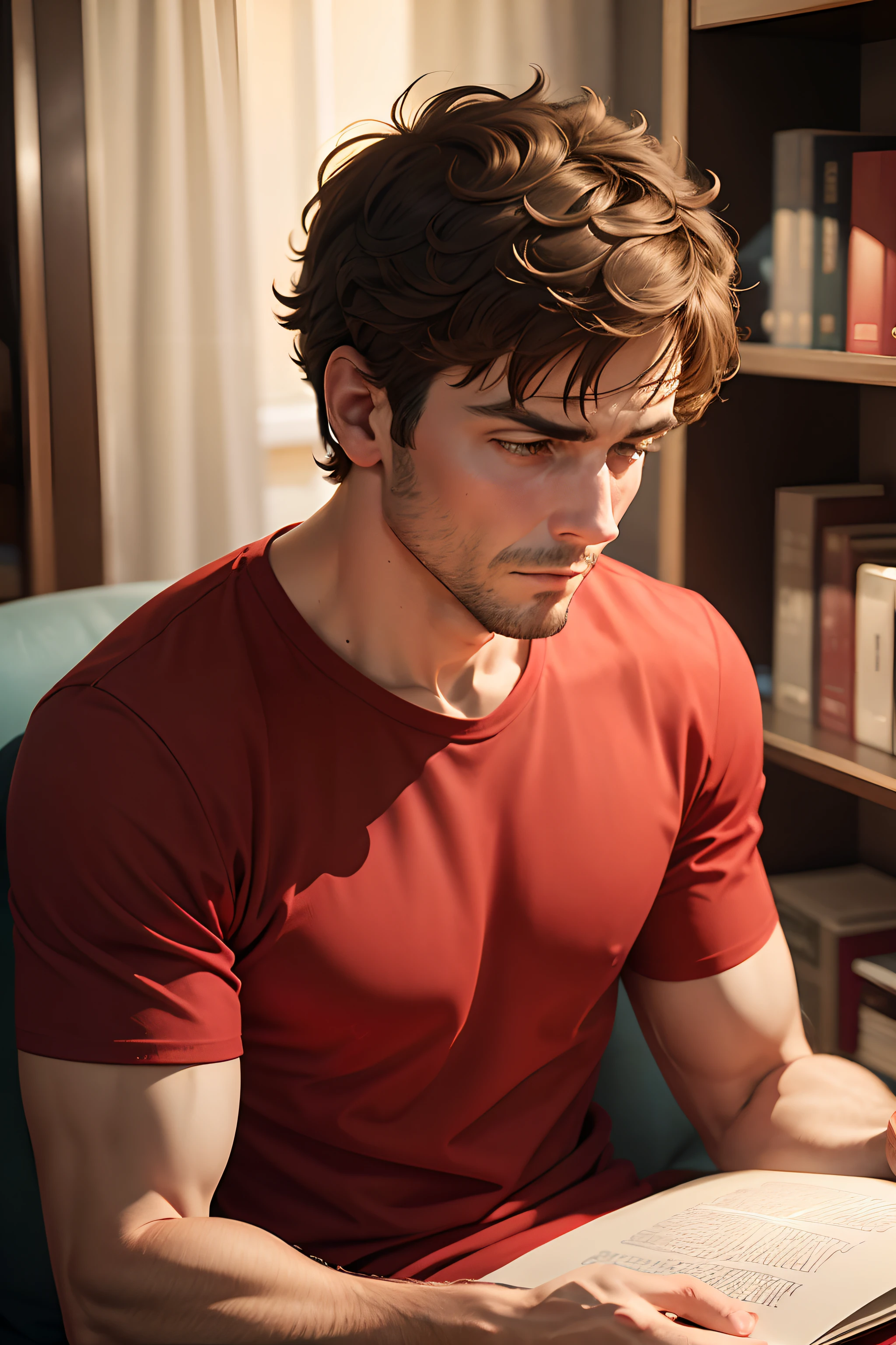Man seen on his side in a red shirt reading a letter in his hand