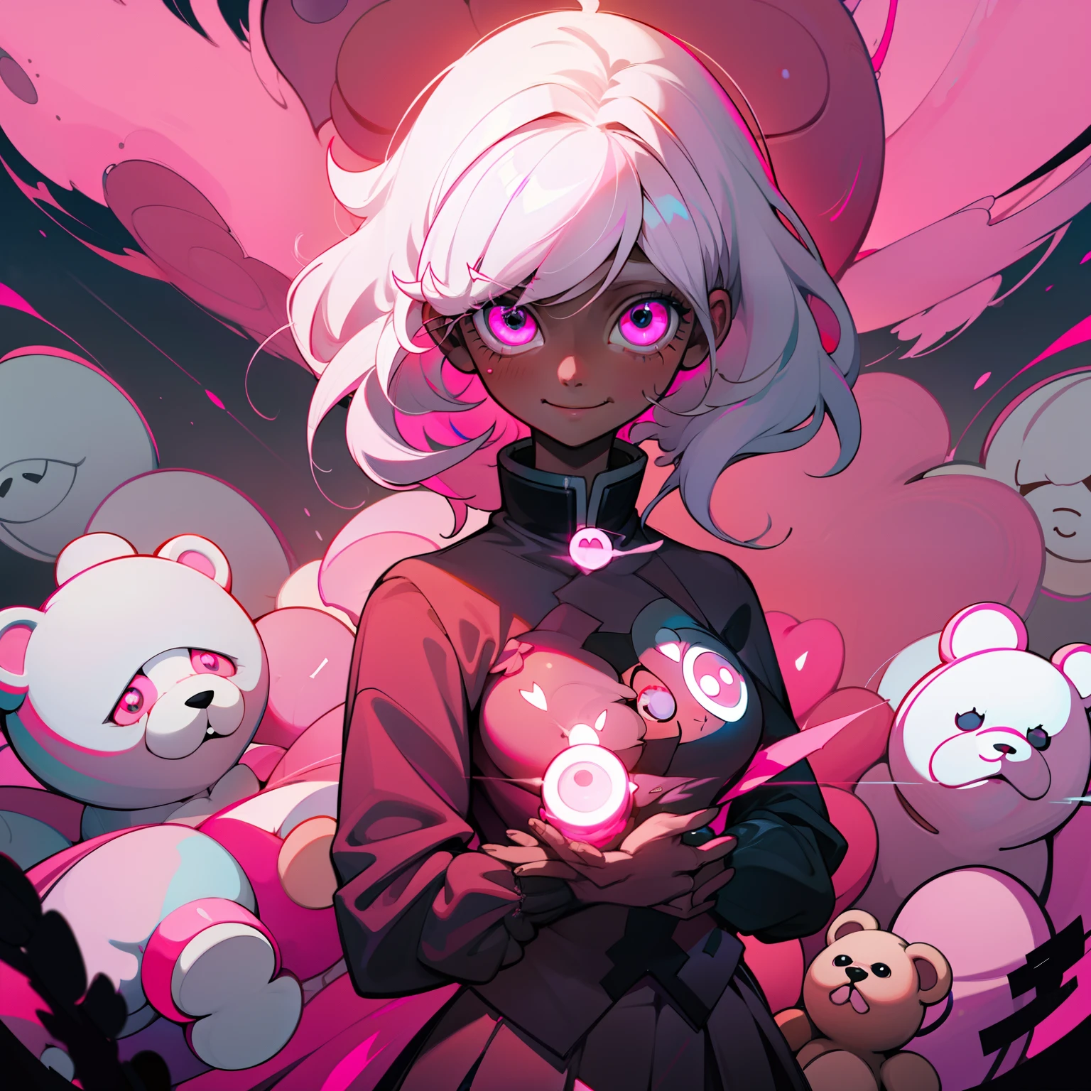 Dark skin anime girl with white hair and black eyes surrounded by teddy bears, digital art from danganronpa, best anime 4k konachan wallpaper, with glowing eyes, [[[[grinning evily]]]], glowing pink eyes and glowing pink hair, everywhere, artwork in the style of guweiz, smiles in despair, nightcore