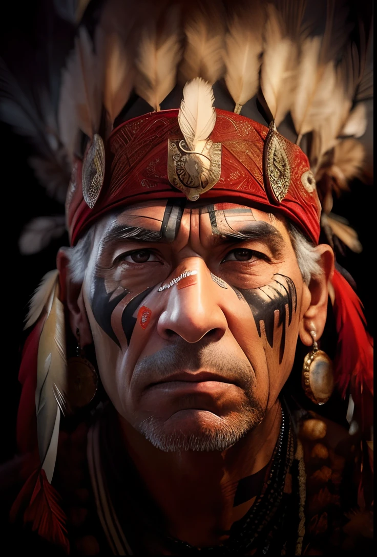 Extremely perfect cinematic hyperrealistic image of a closeup of a man with a feather headdress and a feather on his head, Indian warrior, Nativo americano, retrato ultra detalhado, Guerreiro nativo americano, arte digital altamente realista, rostos incrivelmente detalhados, pinturas tribais do rosto, foto de retrato, Um guerreiro nativo americano, indigenous man, rosto incrivelmente detalhado, amazing likeness, arte digital muito realista, grande rosto detalhado, 16k, highes definition, rosto detalhado, rosto detalhado, olhos detalhados, terno detalhado, estilo DC, hiper-realista, + Cinematographic shot + dynamic compositing, incrivelmente detalhado, nitidez, detalhes + detalhes soberbos + noite com luz + perfeccionismo + realismo premiado ((soft-lighting))