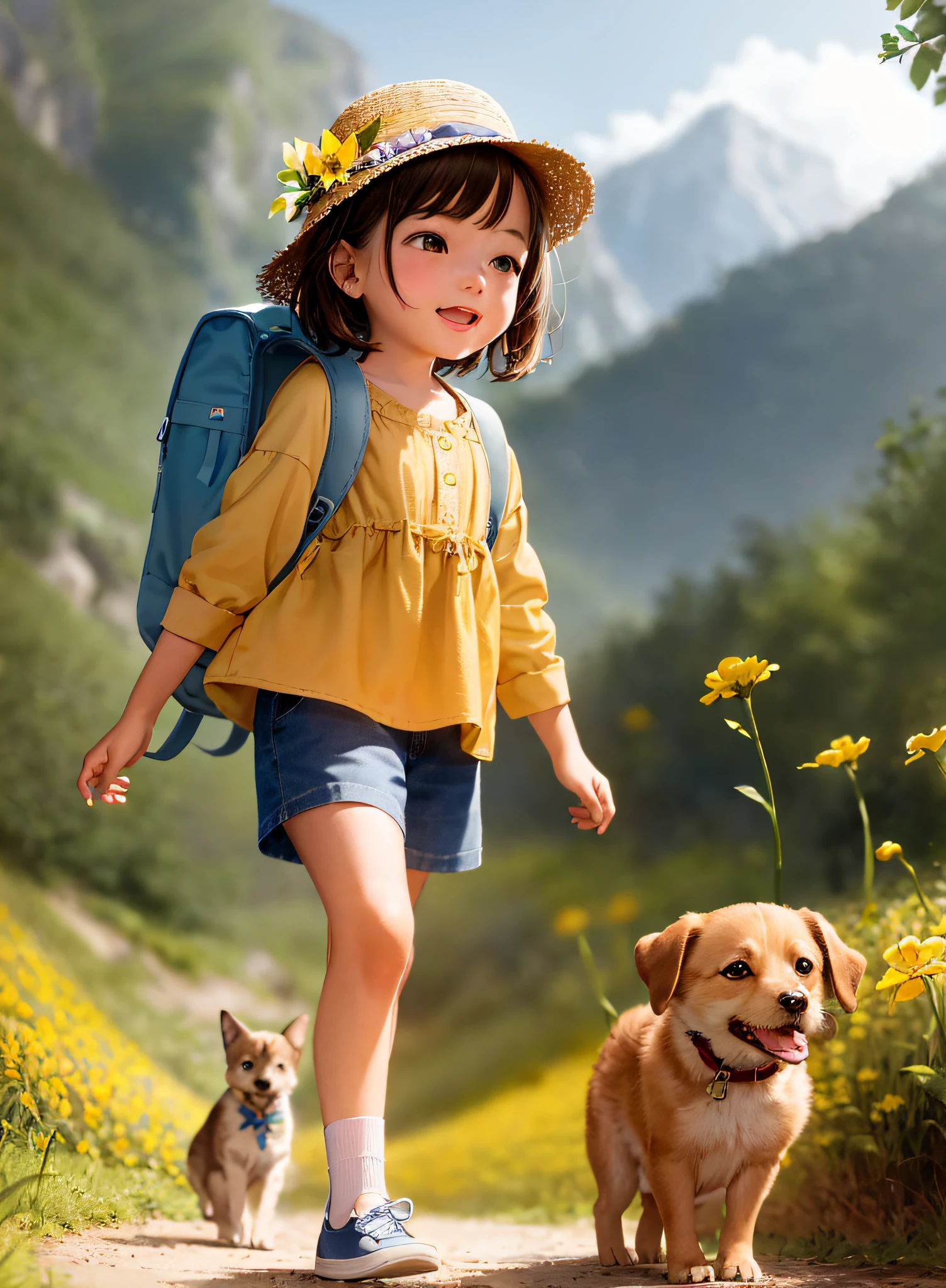An incredibly charming carrying a backpack, accompanied by her adorable puppy, enjoying a lovely spring outing surrounded by beautiful yellow flowers and natural scenery. The illustration is in high definition at 4k resolution, with highly-detailed facial features and pop art colors-style visuals, (Butterfly Dance)