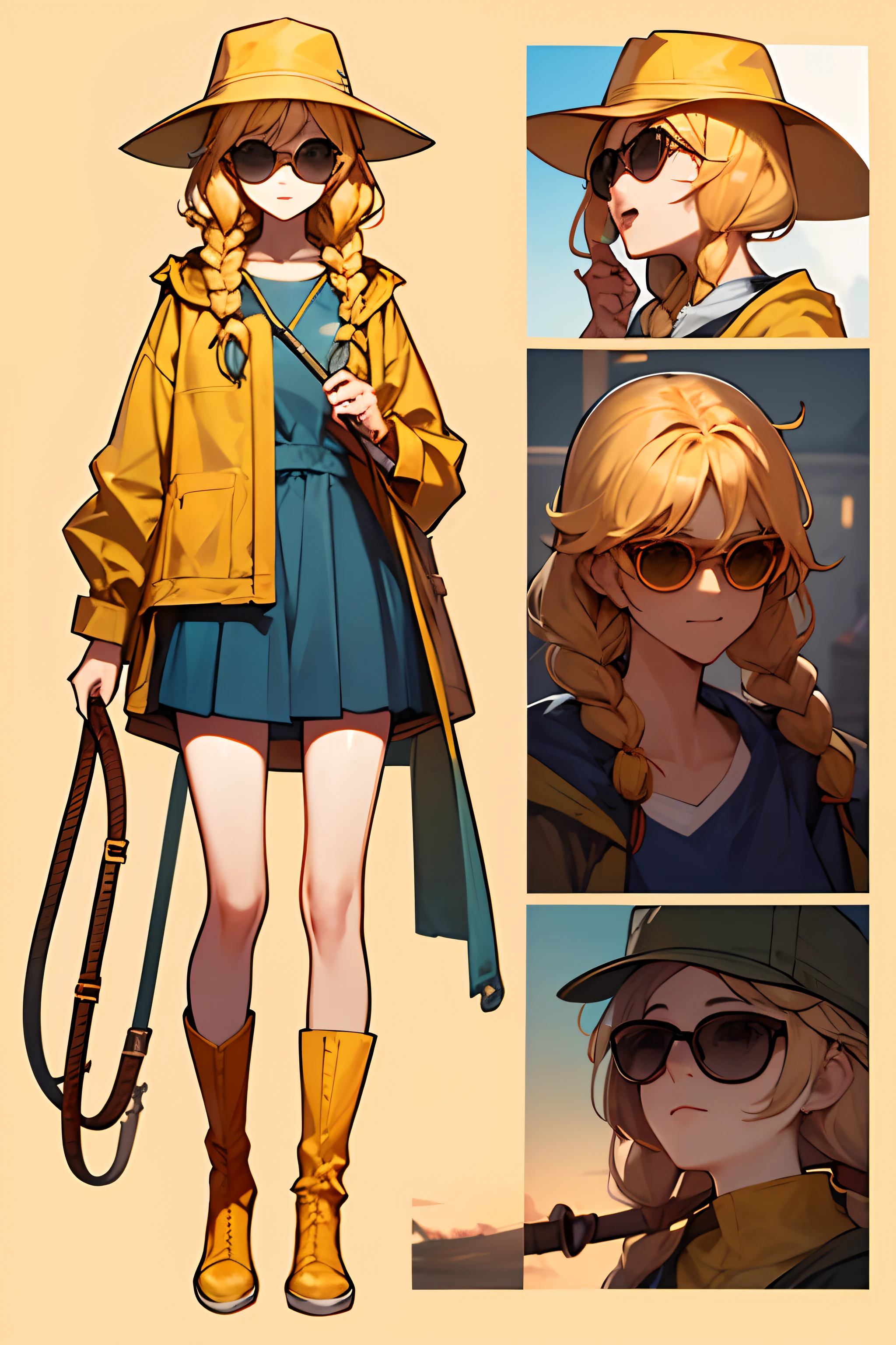 Character sheet of a female character, wearing a yellow raincoat, orange tinted sunglasses, yellow hat, blonde hair in twin braids, yellow boots and holding a cane