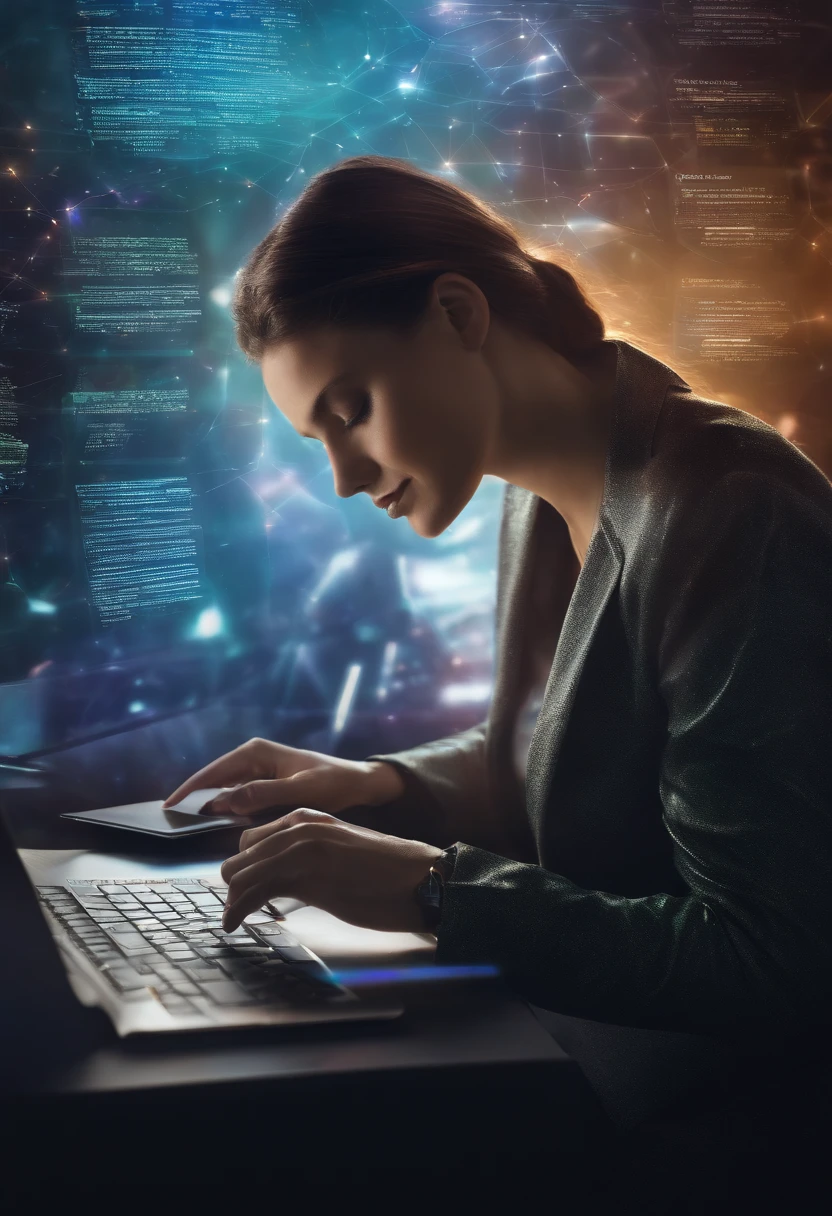 Create an image of a digital writing assistant representing ChatGPT, with a serene and futuristic presence, surrounded by holographic text fragments, within an advanced digital research environment designed to inspire and assist writers.