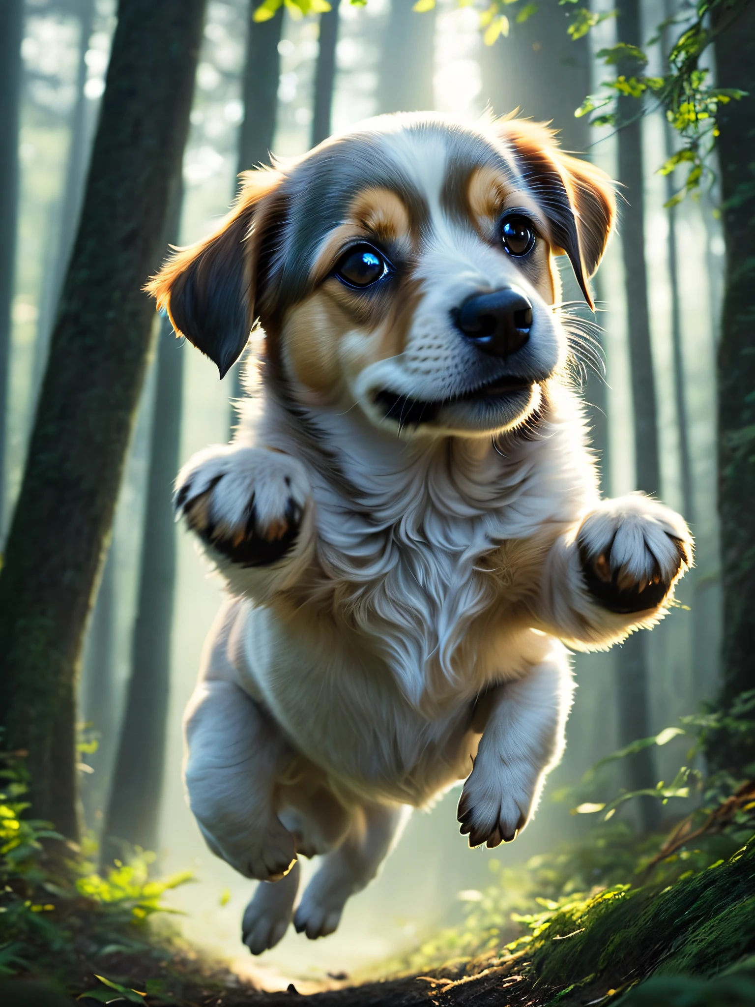 Close-up of a very cute jumping puppy in the forest, soft volumetric light, (backlight: 1.3), (movie: 1.2), intricate details, (ArtStation: 1.3), Rutkowski