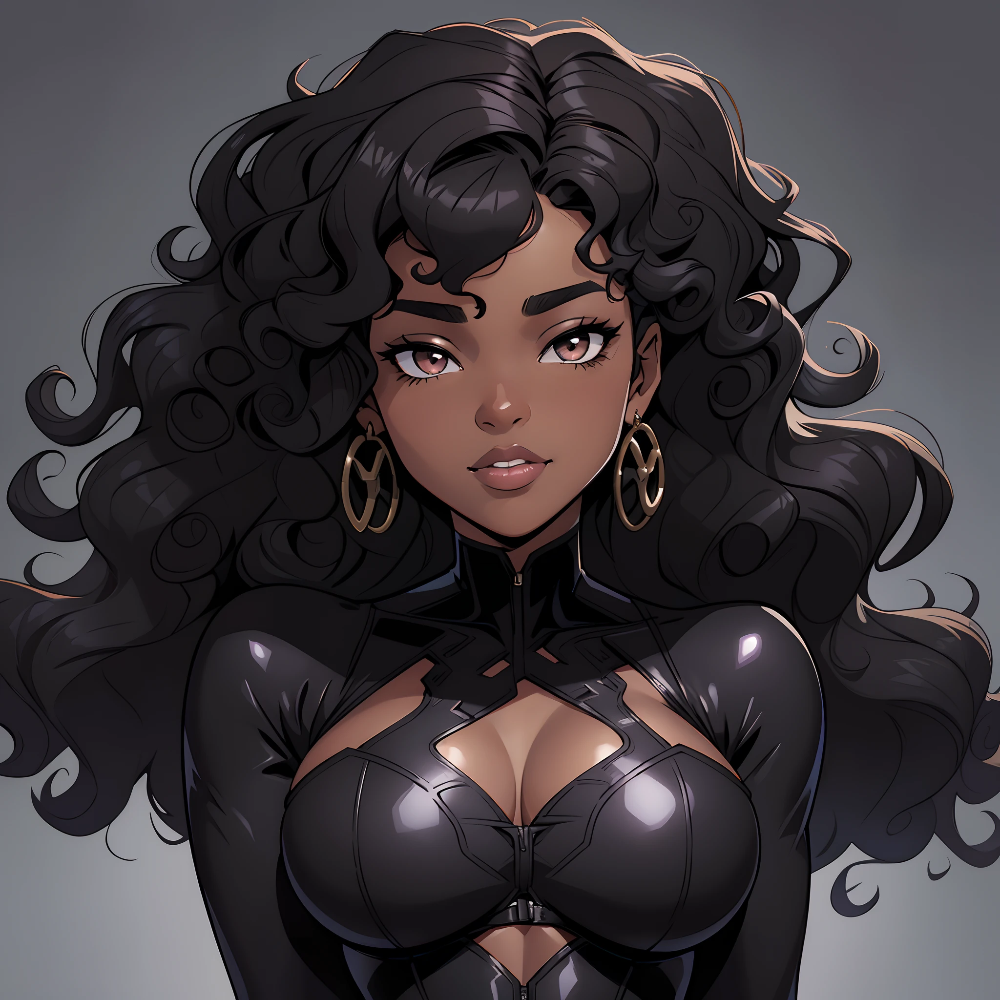 Black girl with very wavy curly hair curly hair curly hair curly hair with several curly big black big, sorrindo e com fantasia de mulher gato do batman, em 2d, with gray background wearing catwoman's clothing in catwoman's eyes all-black clothing all-black mouth clothing with lip gloss FRONT FRONT FACE FRONT FRONT POSITION