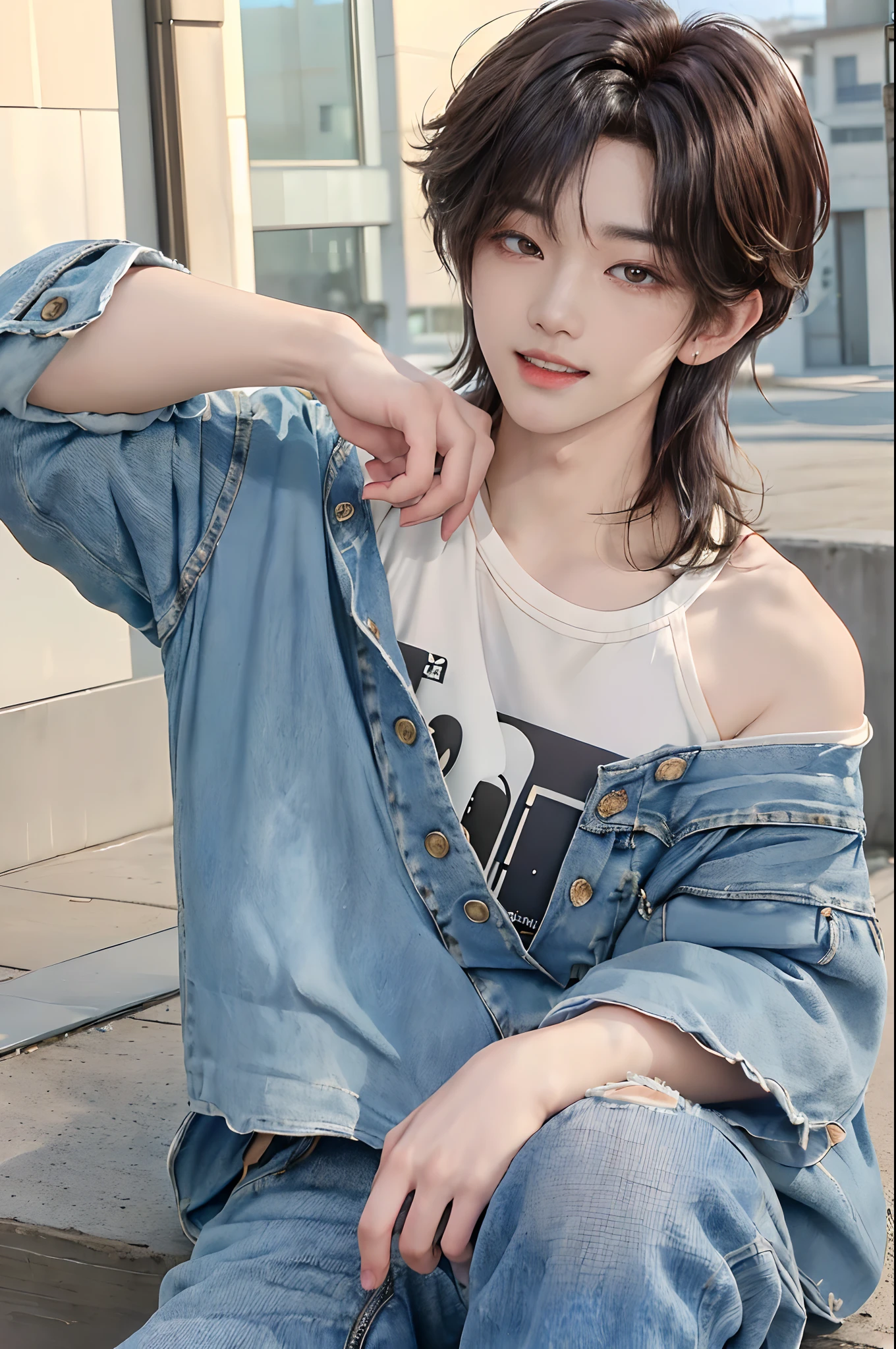((4K works))、masterpiece、(top-quality)、((high-level image quality))、((Brother and sister photo))、((Family Photography))、((With a manly boy))、((kawaii girl))、Slim body、((Jeans Fashion))、((Men's Fashion))、((Holding a backpack and iPhone in hand))、(Detailed beautiful eyes)、In a fashionable city、Sitting on the curb and listening to music、Face similar to Chaewon in Ruseraphim、((With a man with short hair above the ears))、((Girls with long hair below the shoulders))、((Smaller face))、((Neutral face))、((Light brown eyes))、((With a Korean boy))、((Korean Girl))、((With an 18-year-old man))、(())、((Handsome man))、((Teeth and smile expression))、((Korean Makeup))、((elongated and sharp eyes))、((photo of a model))、((Like a celebrity))、Professional Photos、((Shot by two))、((Sitting on the curb and listening to music through headphones))、((They sit in front of the viewer))、((Shot diagonally up from the front))、((Long-haired girl taking a picture with him))