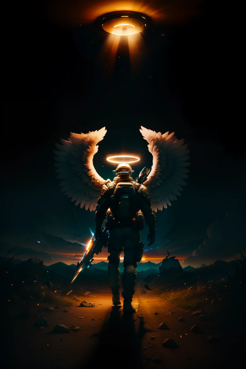 Angelic male with white wings about to land on the ground his feed is touching the ground the halo is shining behind is back, run can be seen around the halo, he is joking an agent relic a weapon