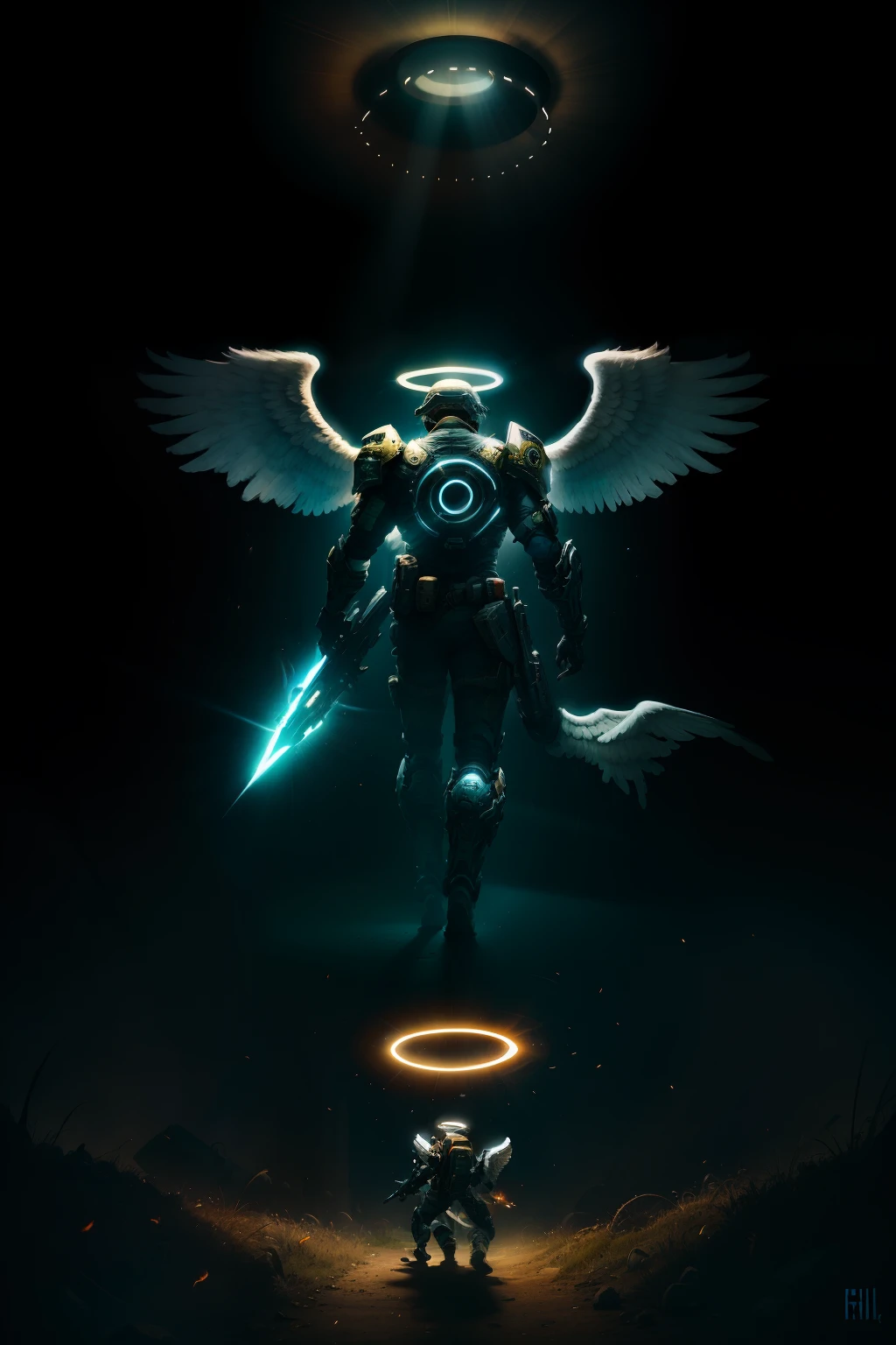 Angelic male with white wings about to land on the ground his feed is touching the ground the halo is shining behind is back, run can be seen around the halo, he is joking an agent relic a weapon