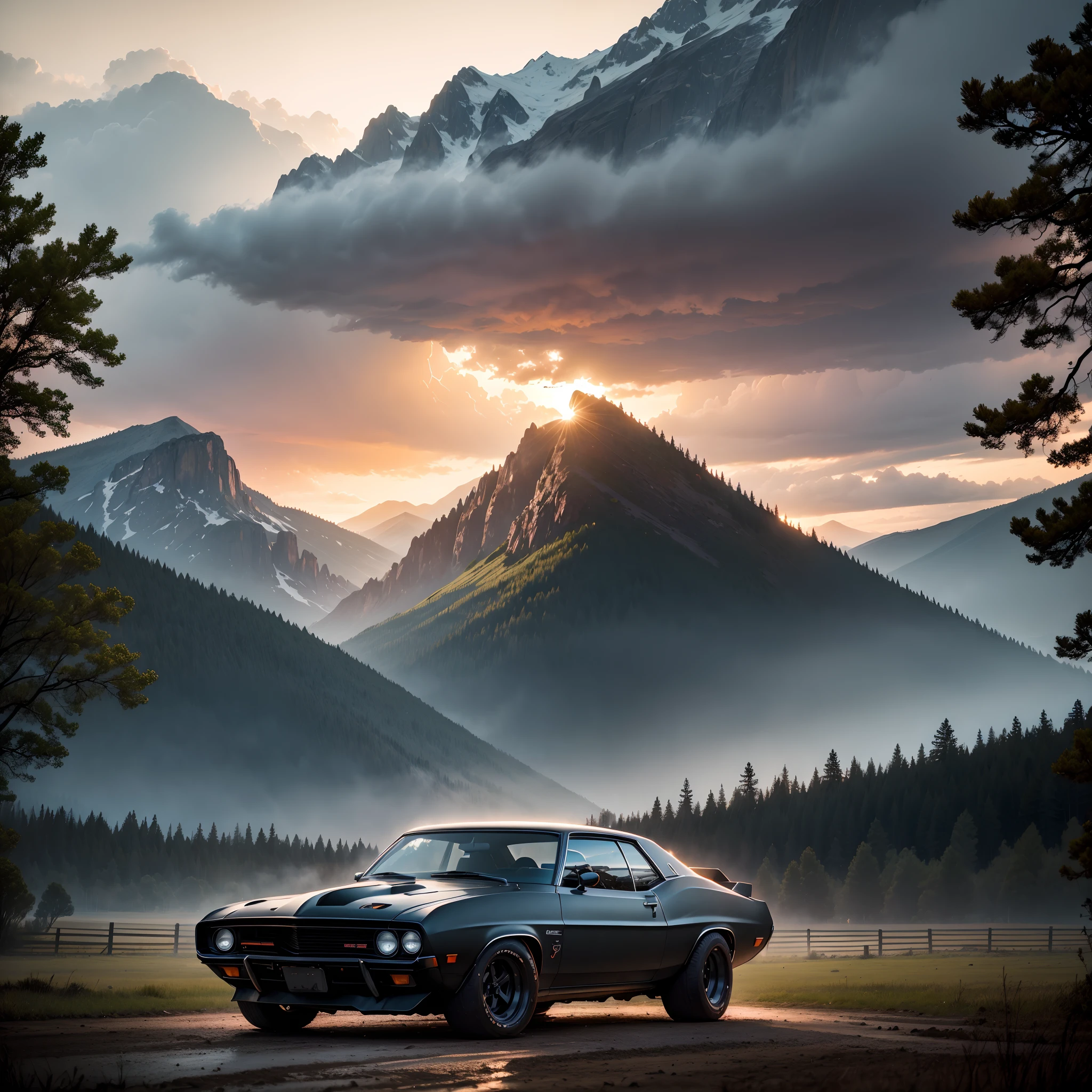 A matte black 1970's muscle car, sitting on an old country dirt road in the woods, during a sunset thunderstorm, mountains in the background, brilliant lighting, 4k, photo realistic