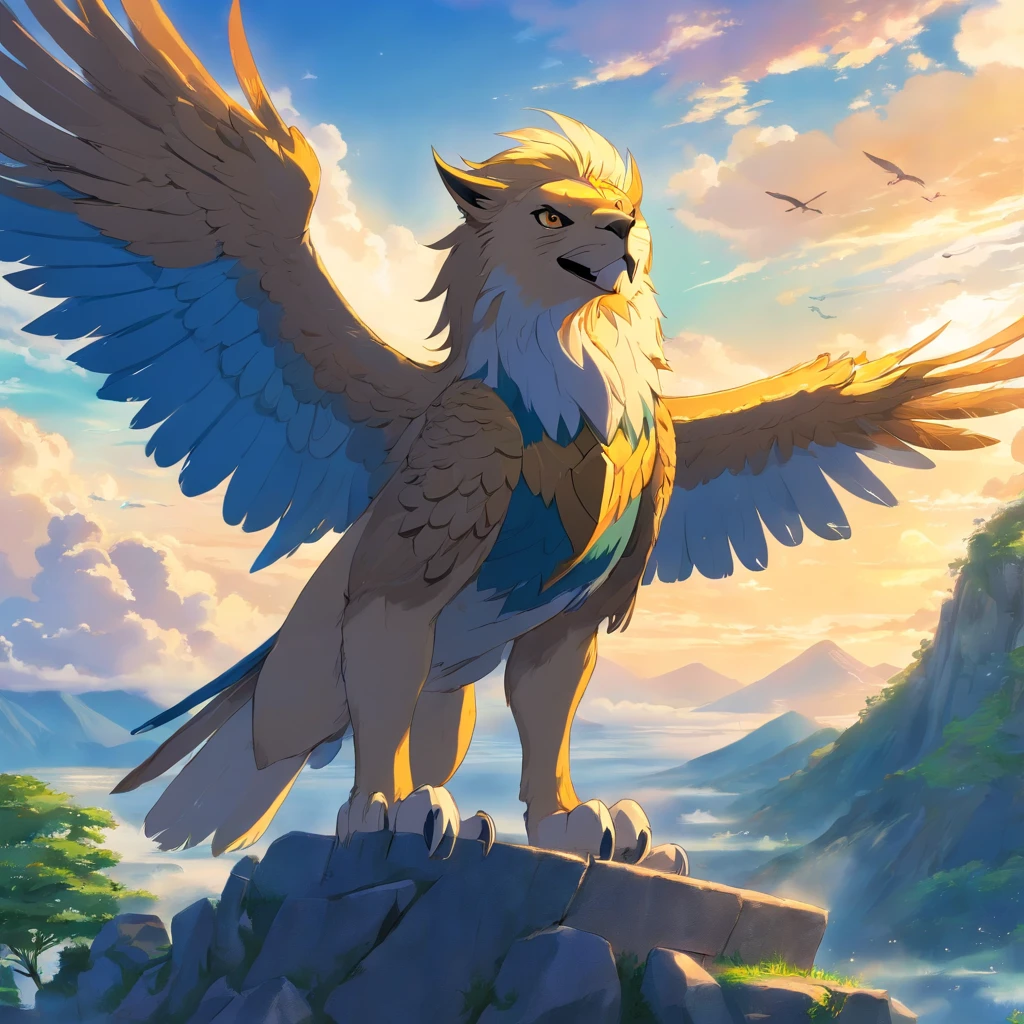 Gryphon, mythological creatures, Majestic, Powerful wings, Lion body, Eagle head, Fierce gaze, Sharp claws, feater, Golden beak, Large size, Flying, Mountains, Cloudy sky, Ancient ruins, Fantasy realm, mythological landscape, Epic, magical, mythological creatures, mythological beasts, Fierce, Mythical monsters, lying on its back