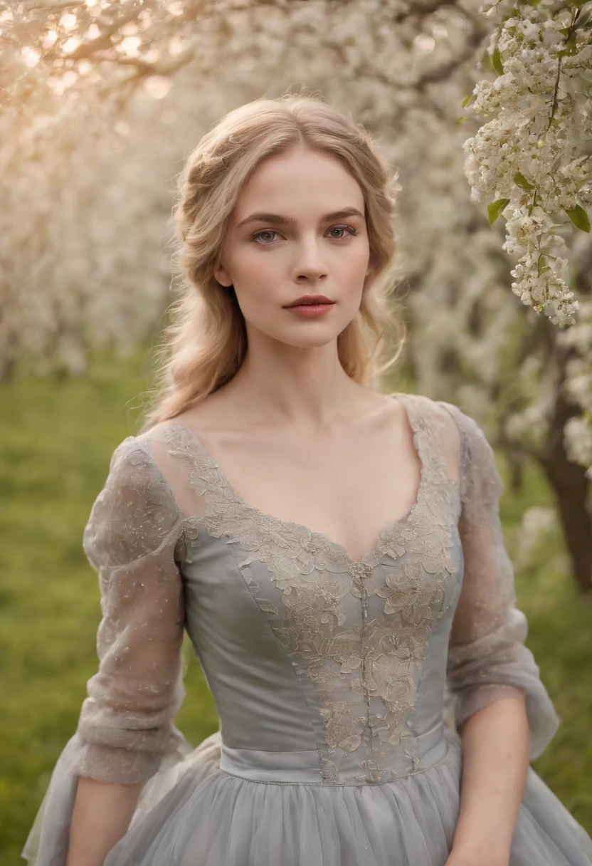 Uma jovem vitoriana, of delicate characteristics, em torno de 23 anos, muito bonita, the hair is very blonde the color of wheat, wears a gray Victorian dress and closed around her neck. Delgado. She's in an orchard of apple trees in bloom., in the nighttime.