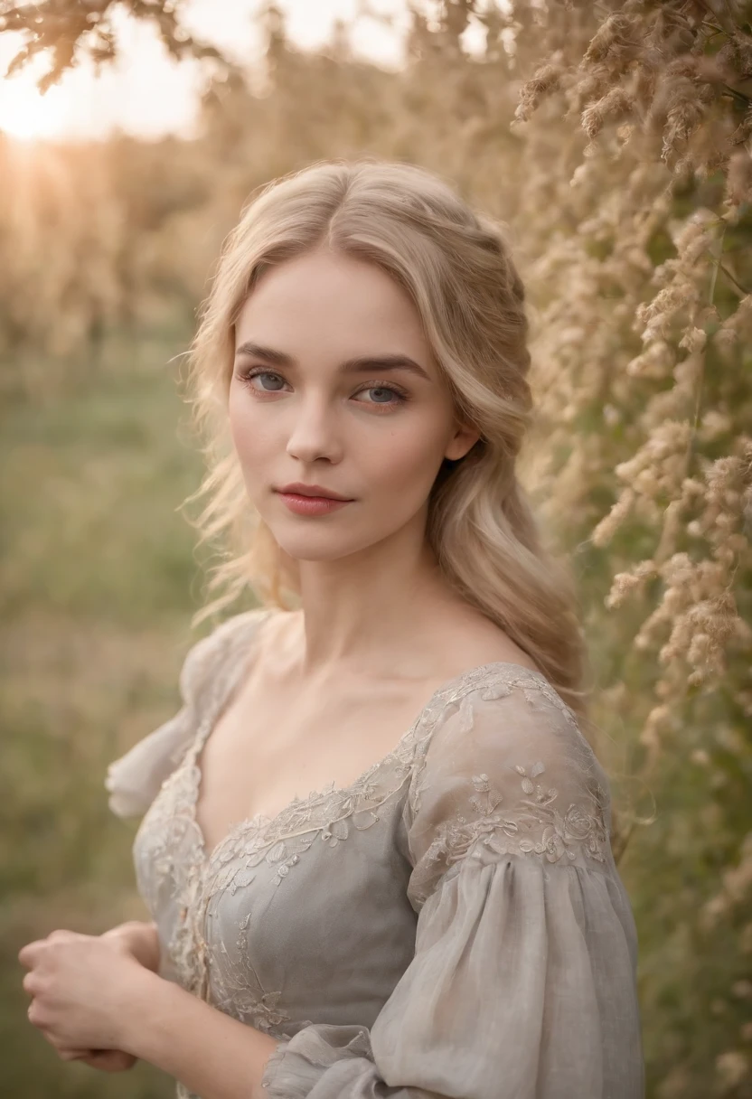 Uma jovem vitoriana, of delicate characteristics, em torno de 23 anos, muito bonita, the hair is very blonde the color of wheat, wears a gray Victorian dress and closed around her neck. Delgado. She's in an orchard of apple trees in bloom., in the nighttime.