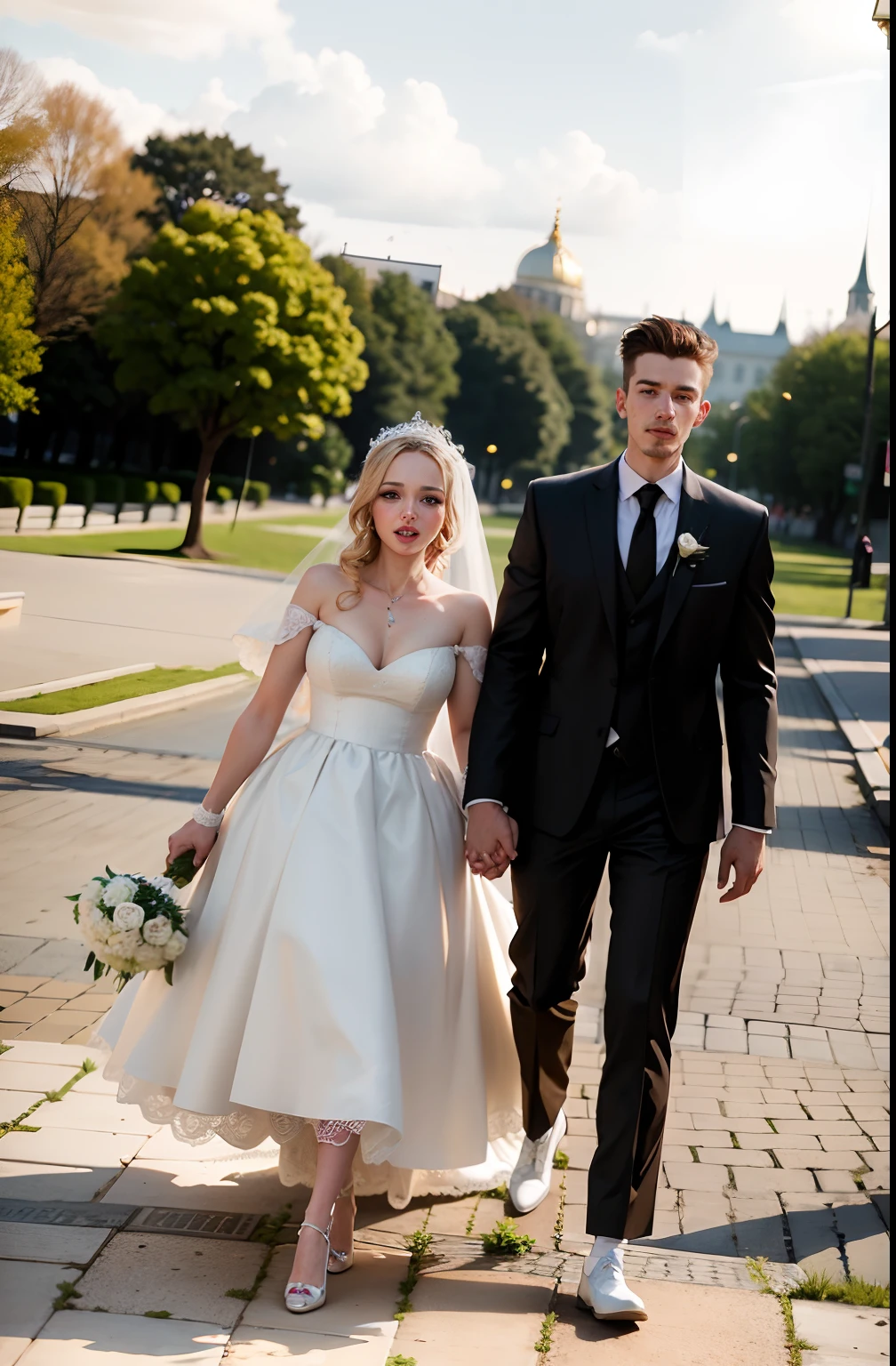 The bride and groom are walking down the street, holding hands, Bride and groom, Wedding photo, lovely couple, couple, Going hand in hand, anna nikonova, alexandra fomina, alexander rostov, by Maksimilijan Vanka, jovana rikalo, wedding, in the city park, nikolay, In a long white dress, ekaterina